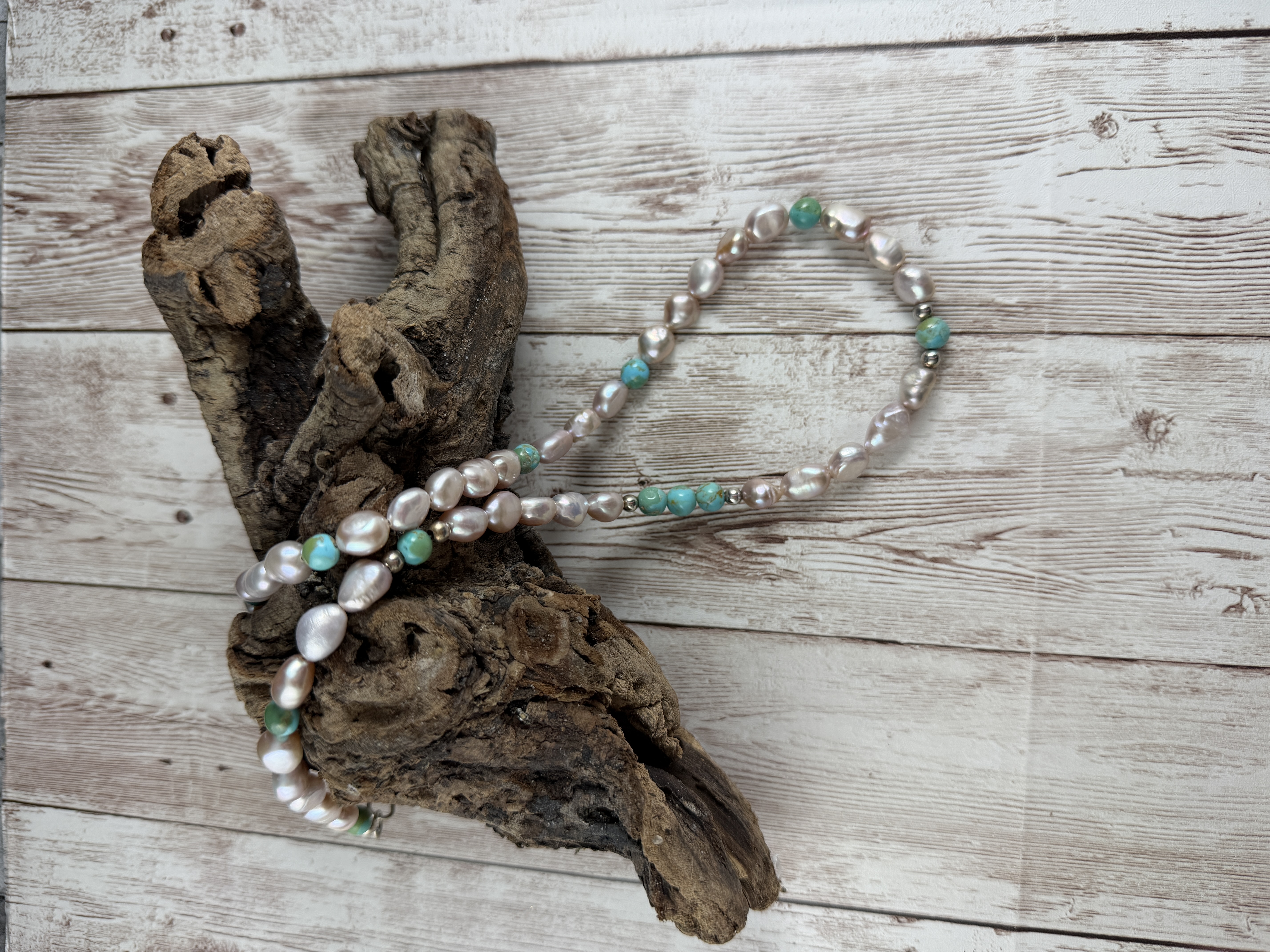 Freshwater Pearl and Kingman Turquoise Necklace, Sterling Silver Clasp thumbnail 7