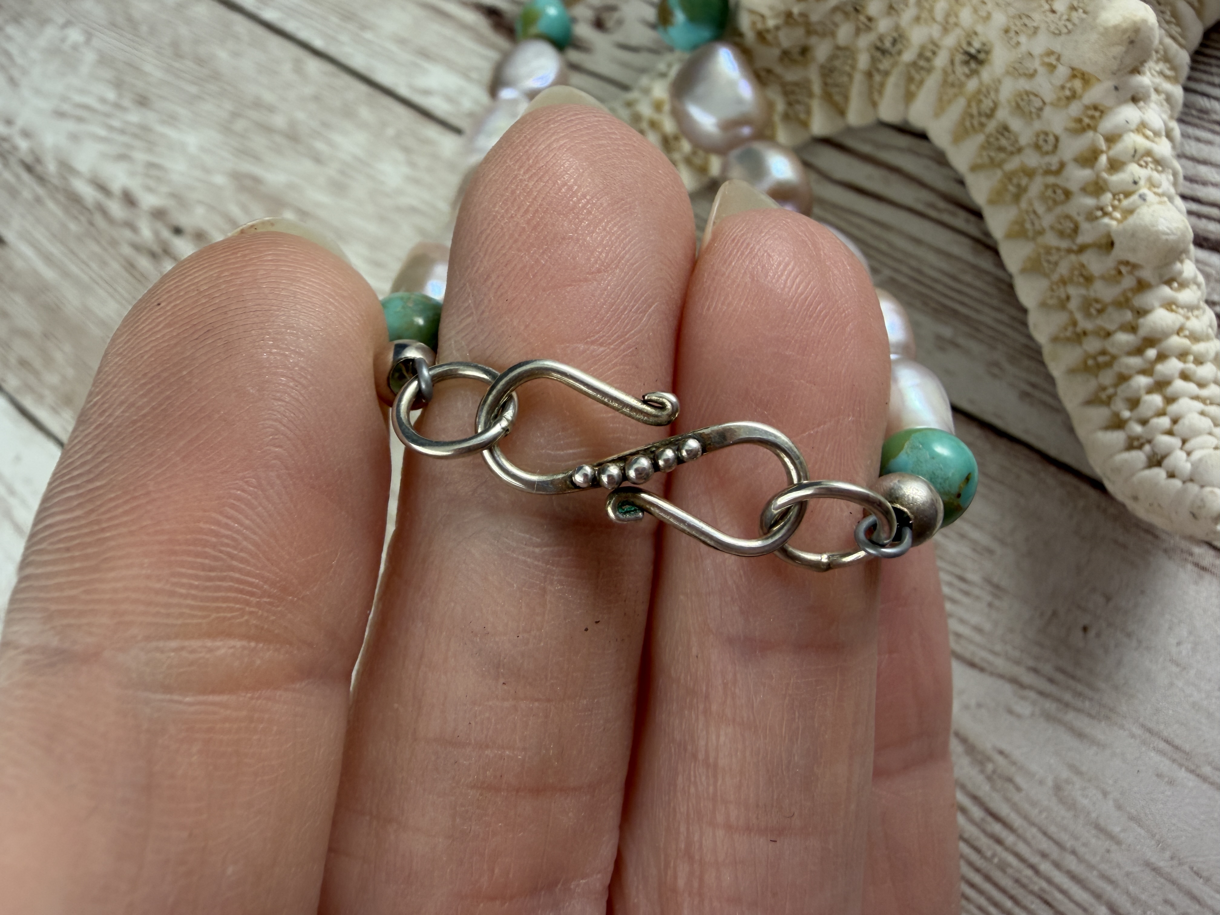 Freshwater Pearl and Kingman Turquoise Necklace, Sterling Silver Clasp thumbnail 5