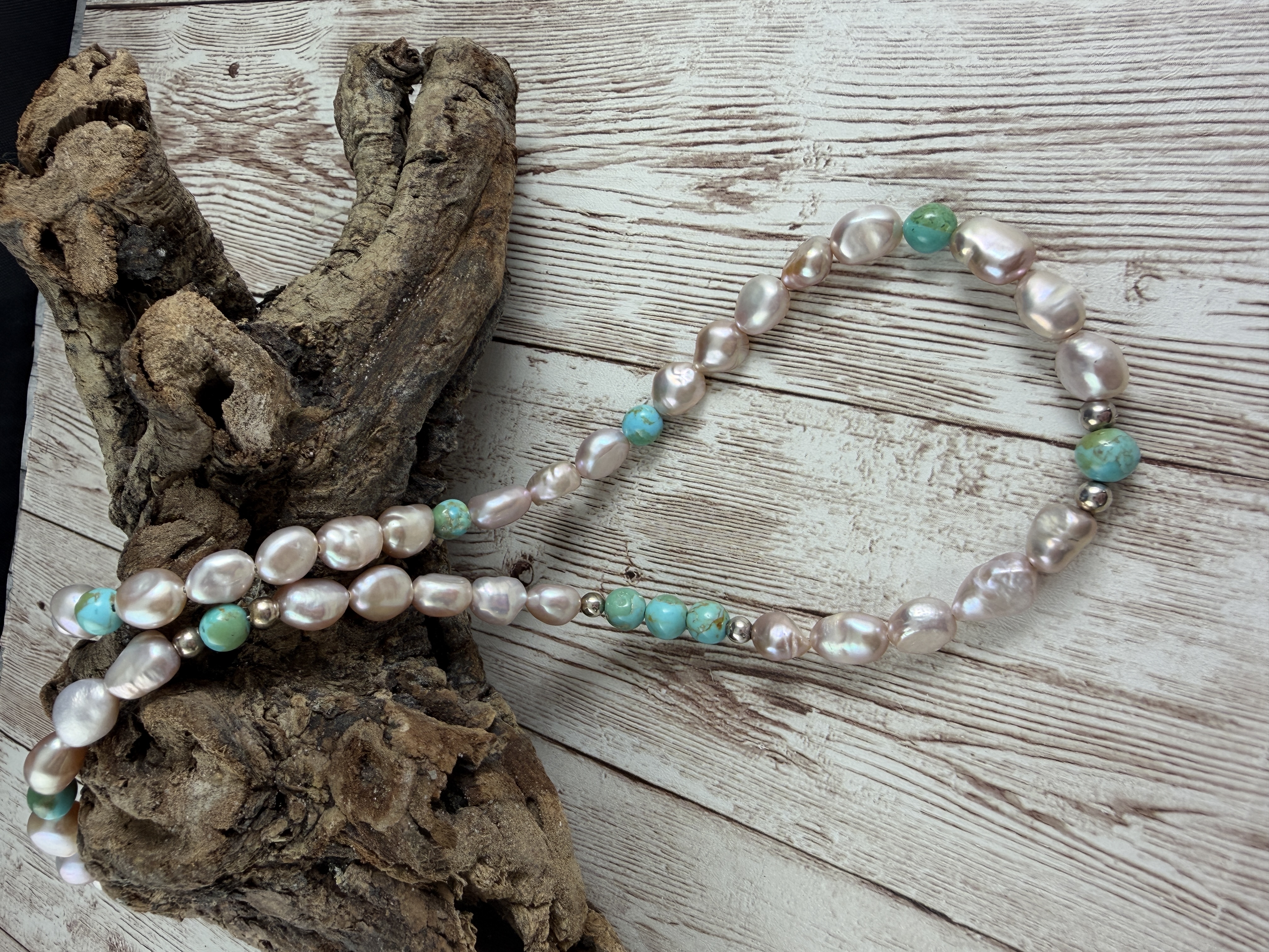 Freshwater Pearl and Kingman Turquoise Necklace, Sterling Silver Clasp thumbnail 6