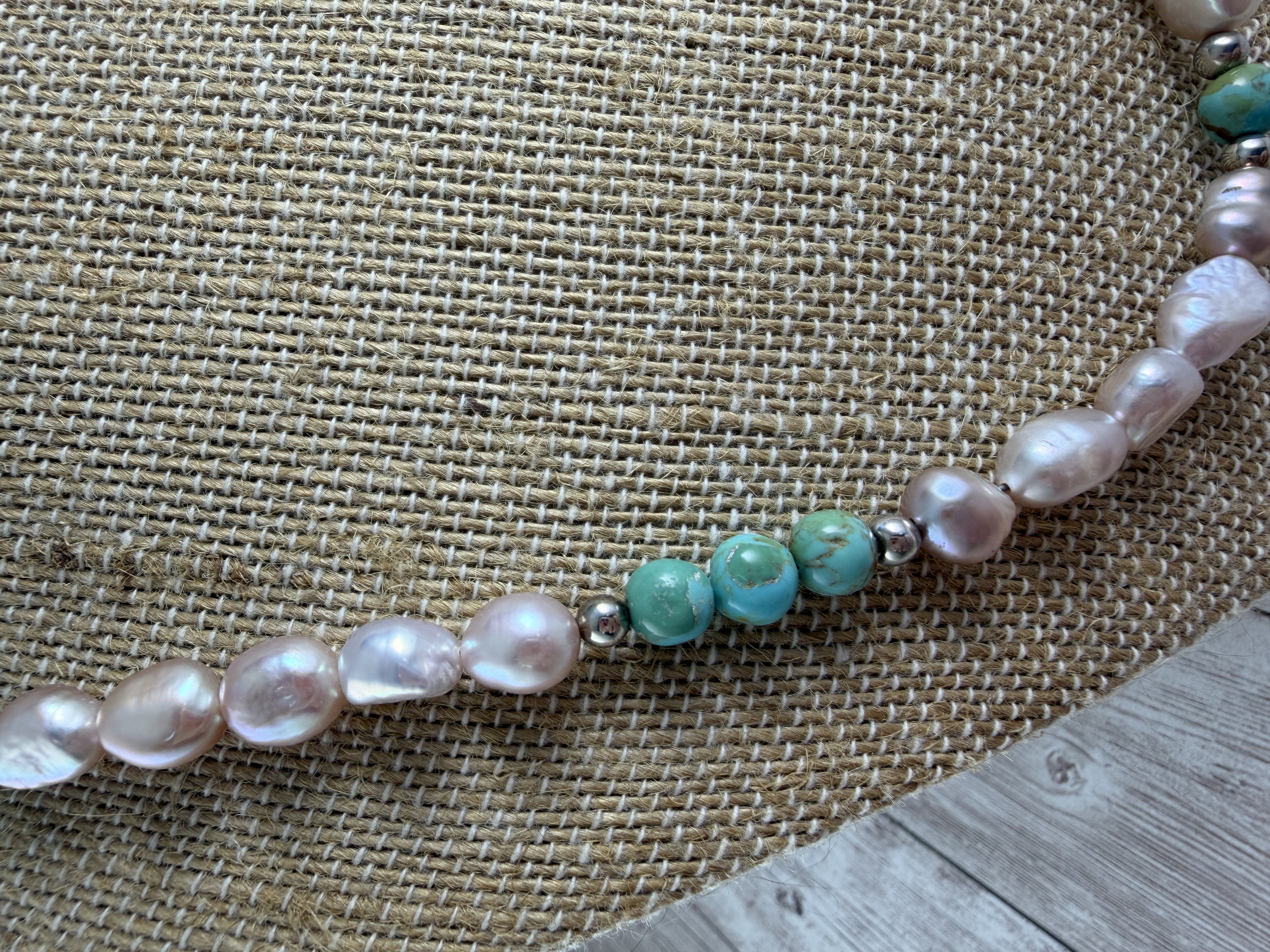 Freshwater Pearl and Kingman Turquoise Necklace, Sterling Silver Clasp thumbnail 8