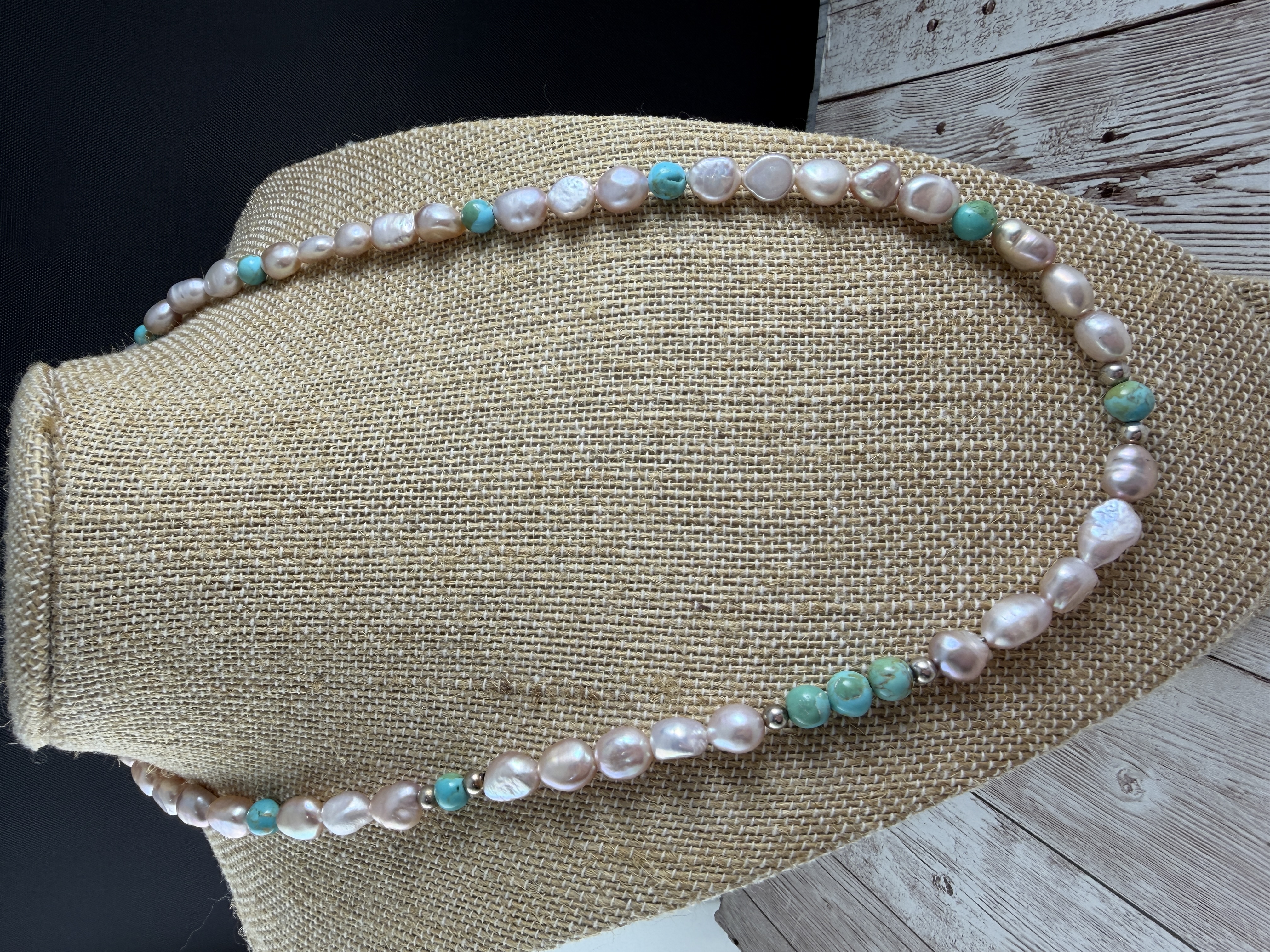 Freshwater Pearl and Kingman Turquoise Necklace, Sterling Silver Clasp thumbnail 9