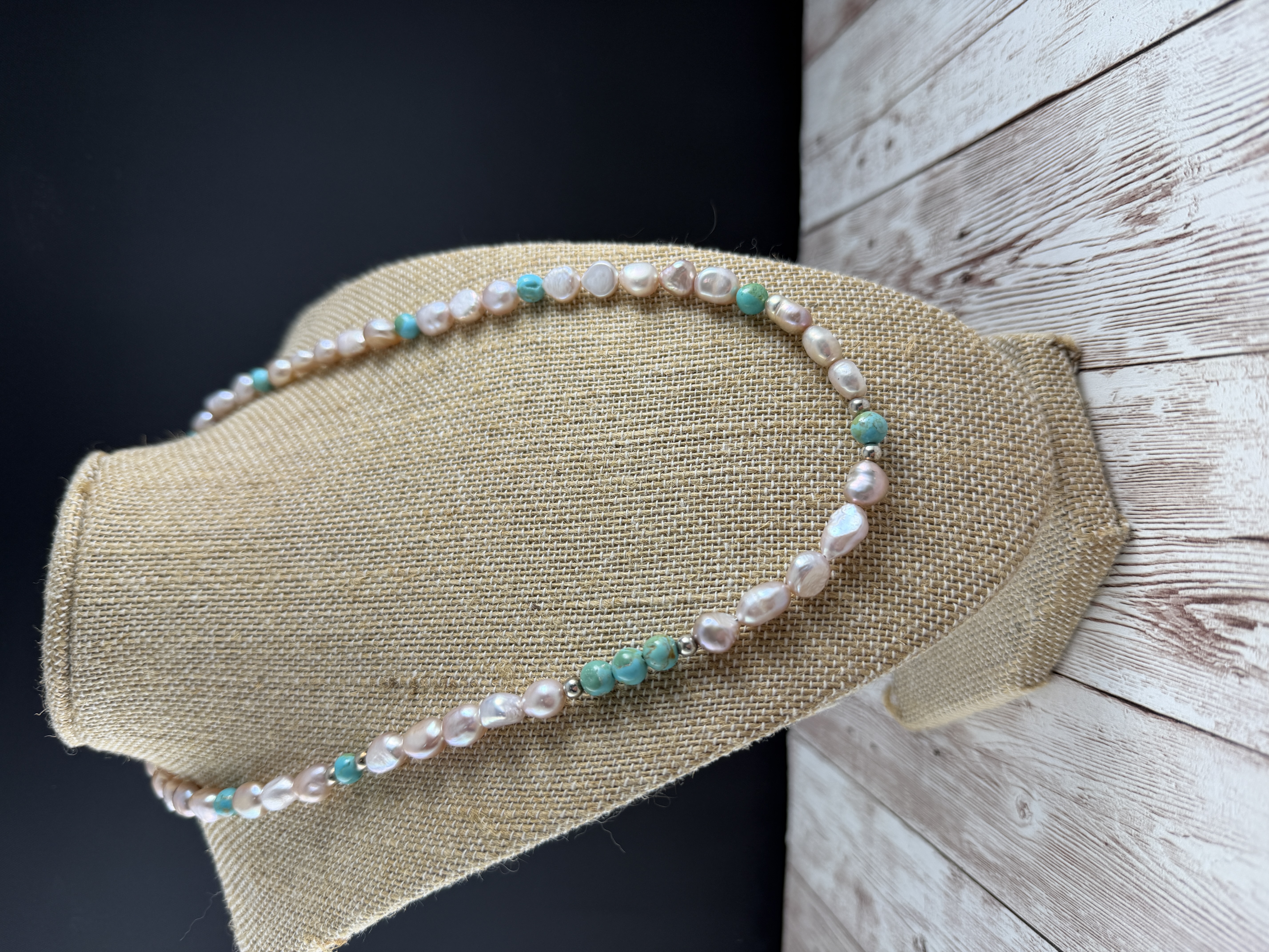 Freshwater Pearl and Kingman Turquoise Necklace, Sterling Silver Clasp thumbnail 10