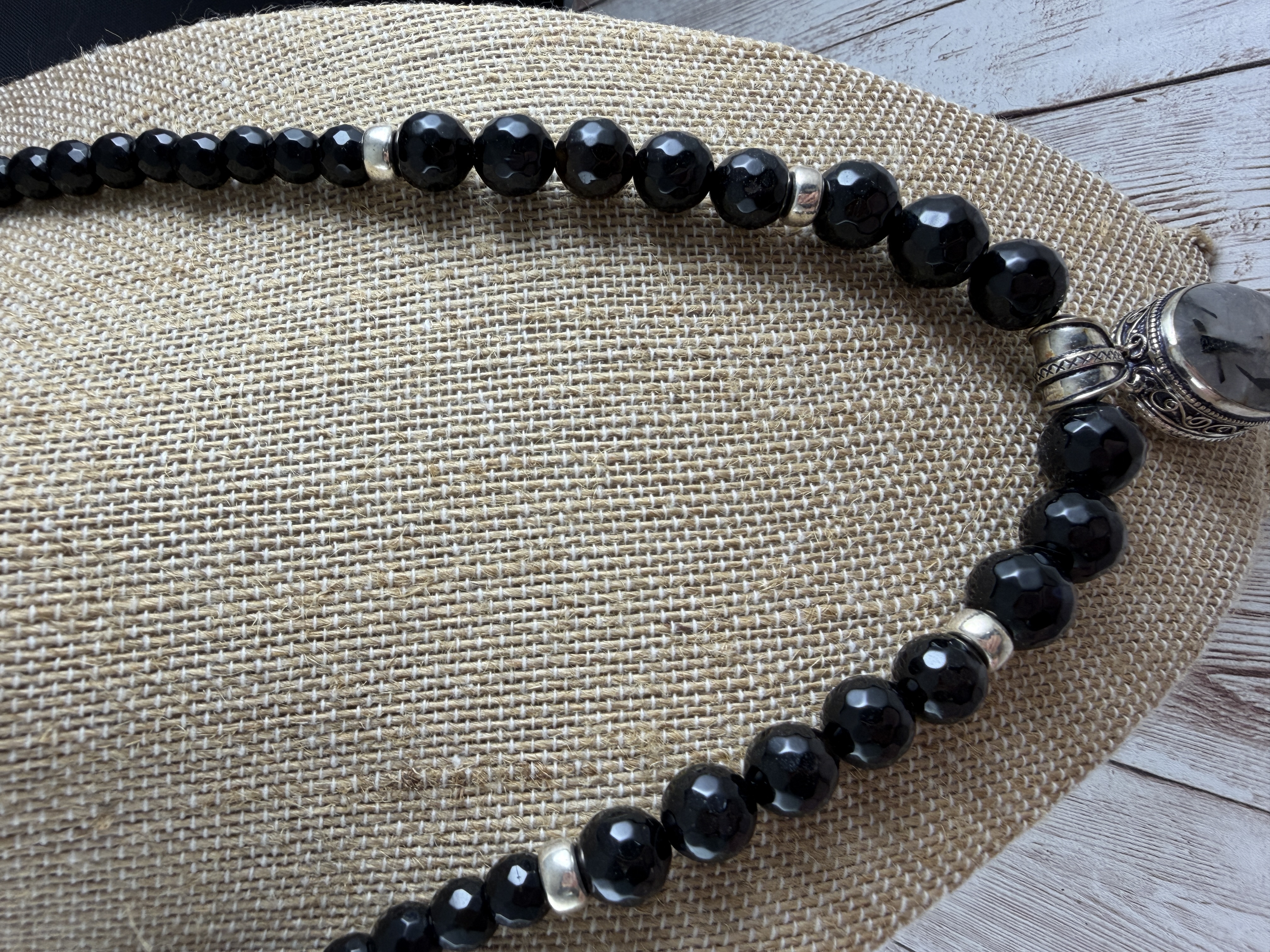 Black Onyx Necklace, Rutilated Quartz Pendant, Sterling Silver thumbnail 6