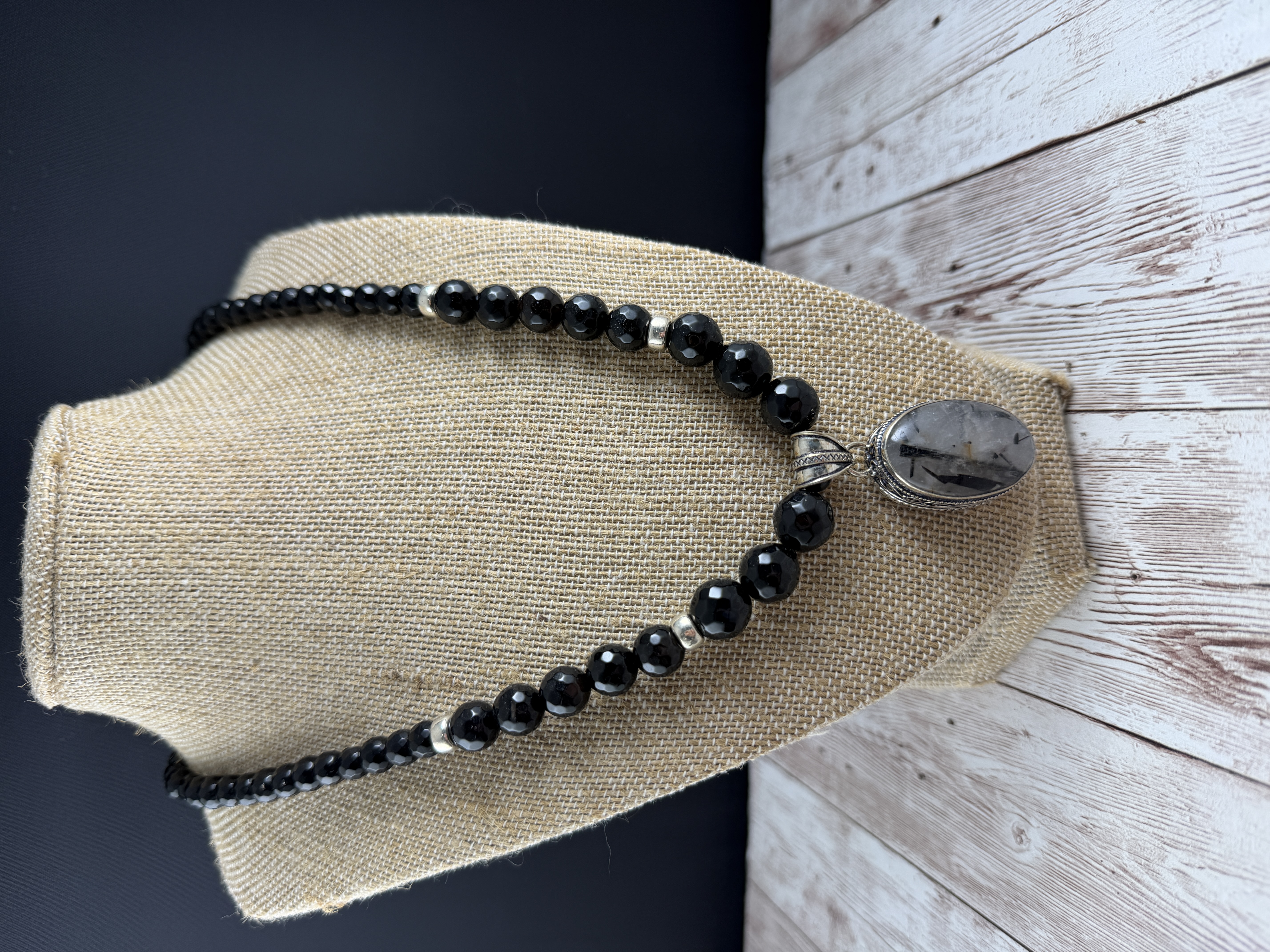 Black Onyx Necklace, Rutilated Quartz Pendant, Sterling Silver thumbnail 2