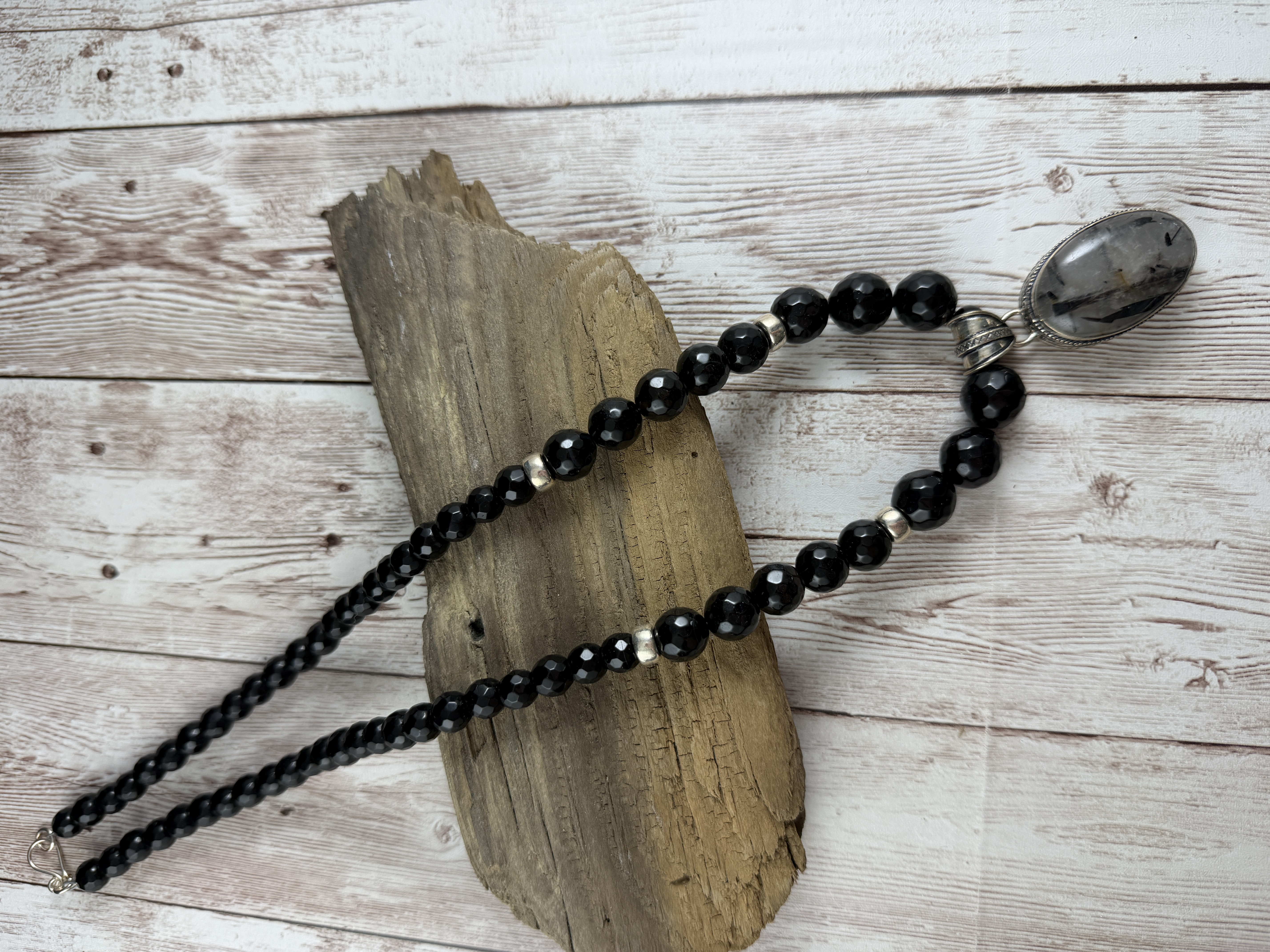 Black Onyx Necklace, Rutilated Quartz Pendant, Sterling Silver thumbnail 7