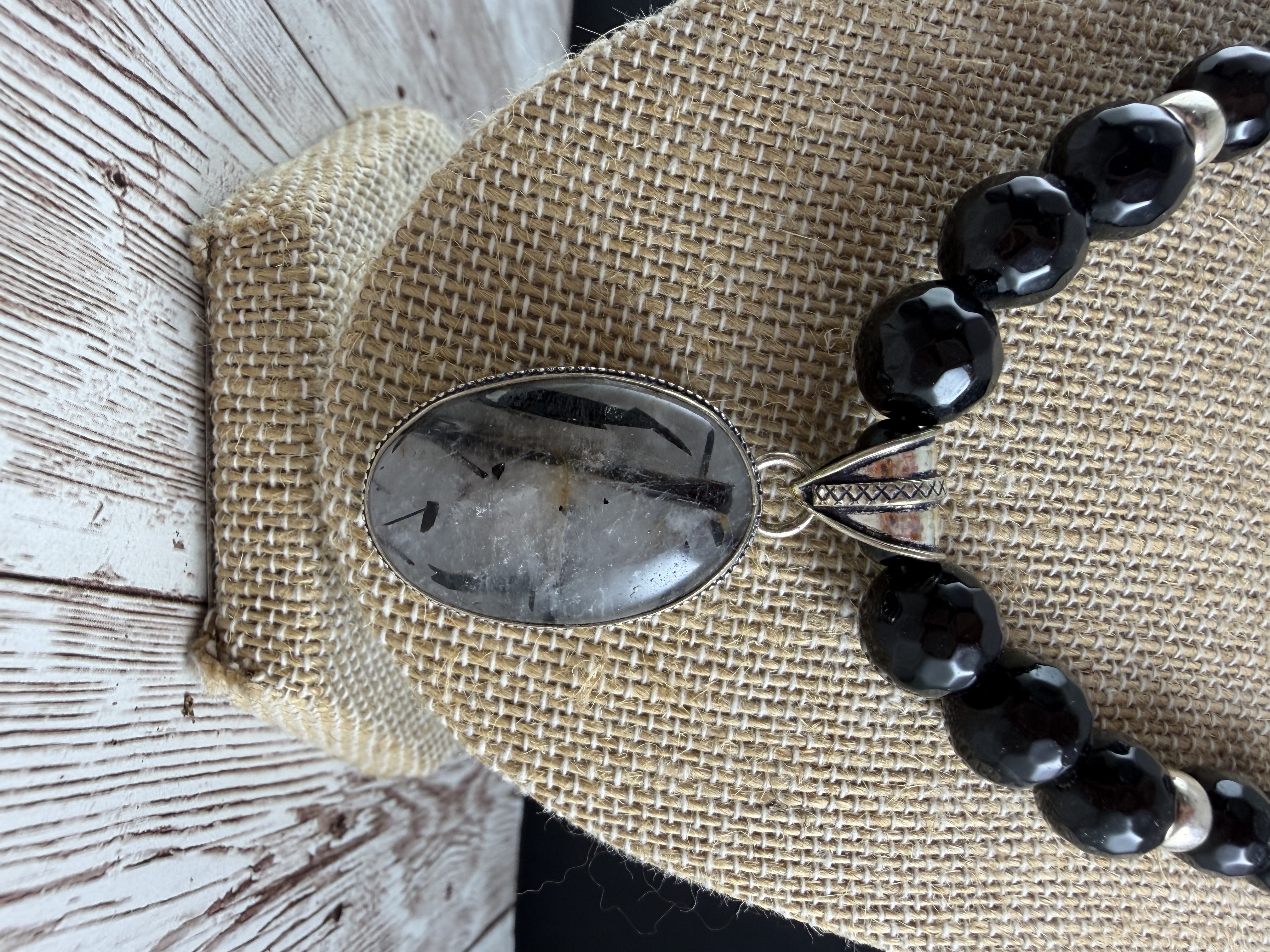 Black Onyx Necklace, Rutilated Quartz Pendant, Sterling Silver thumbnail 3