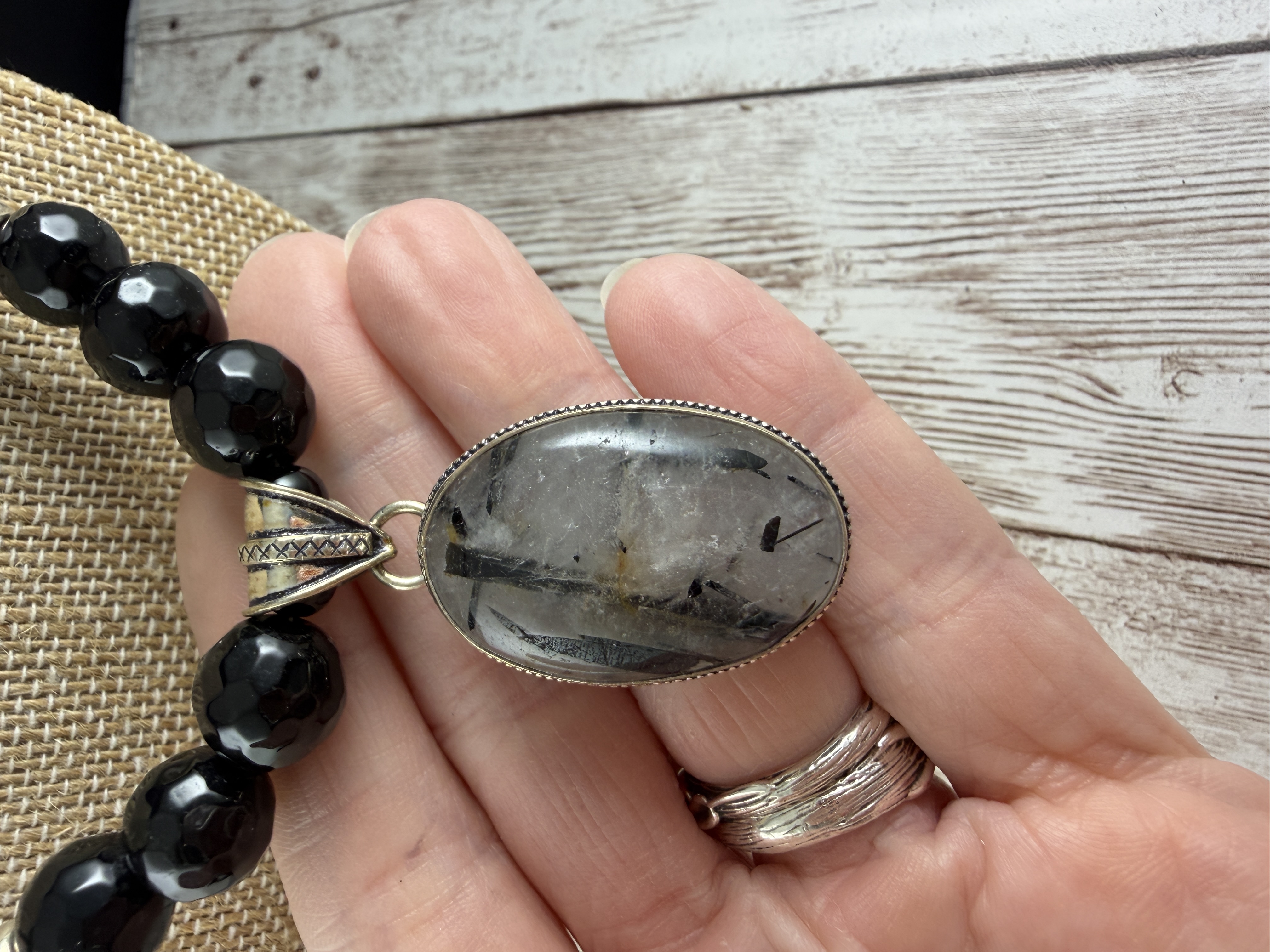 Black Onyx Necklace, Rutilated Quartz Pendant, Sterling Silver thumbnail 4
