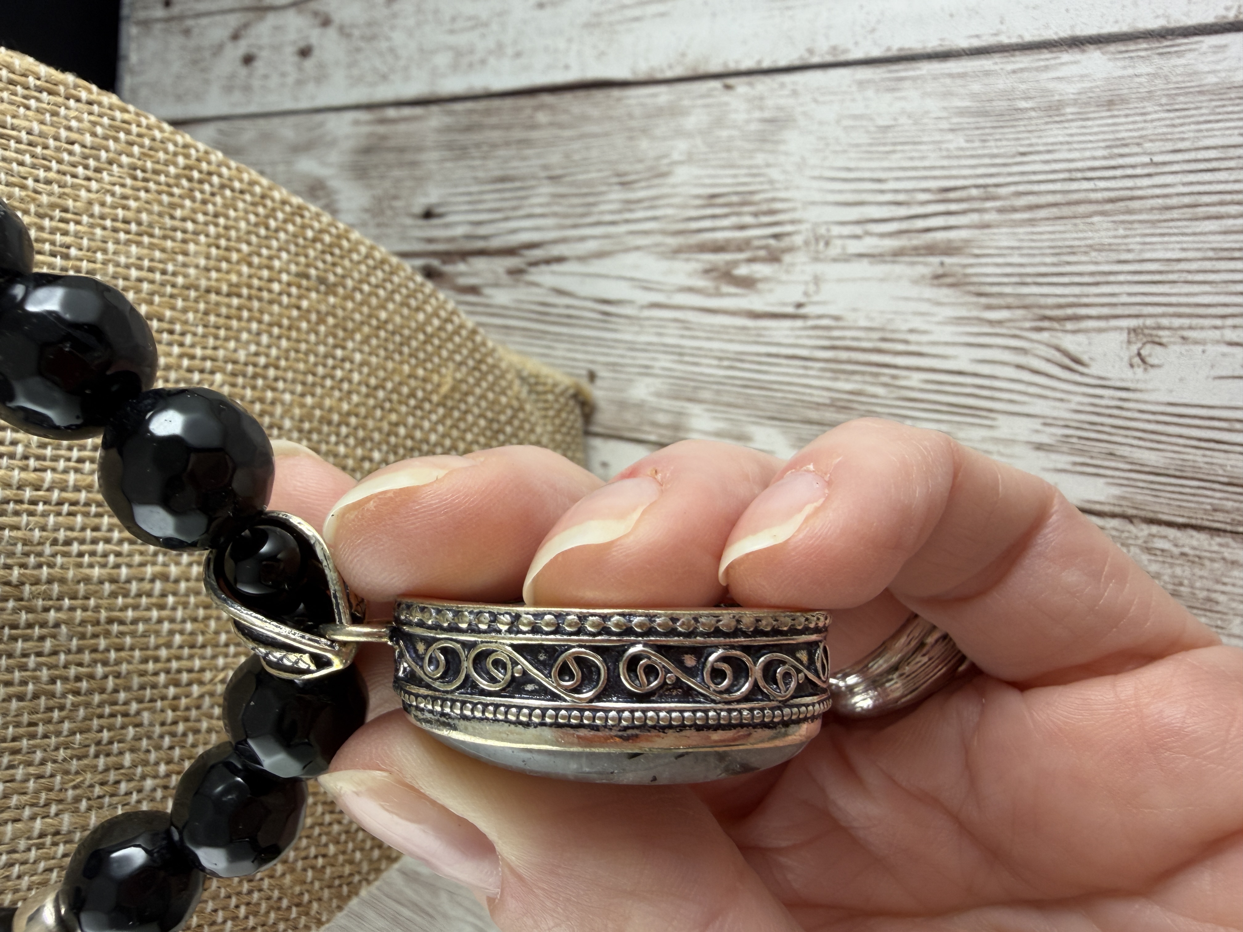 Black Onyx Necklace, Rutilated Quartz Pendant, Sterling Silver thumbnail 5