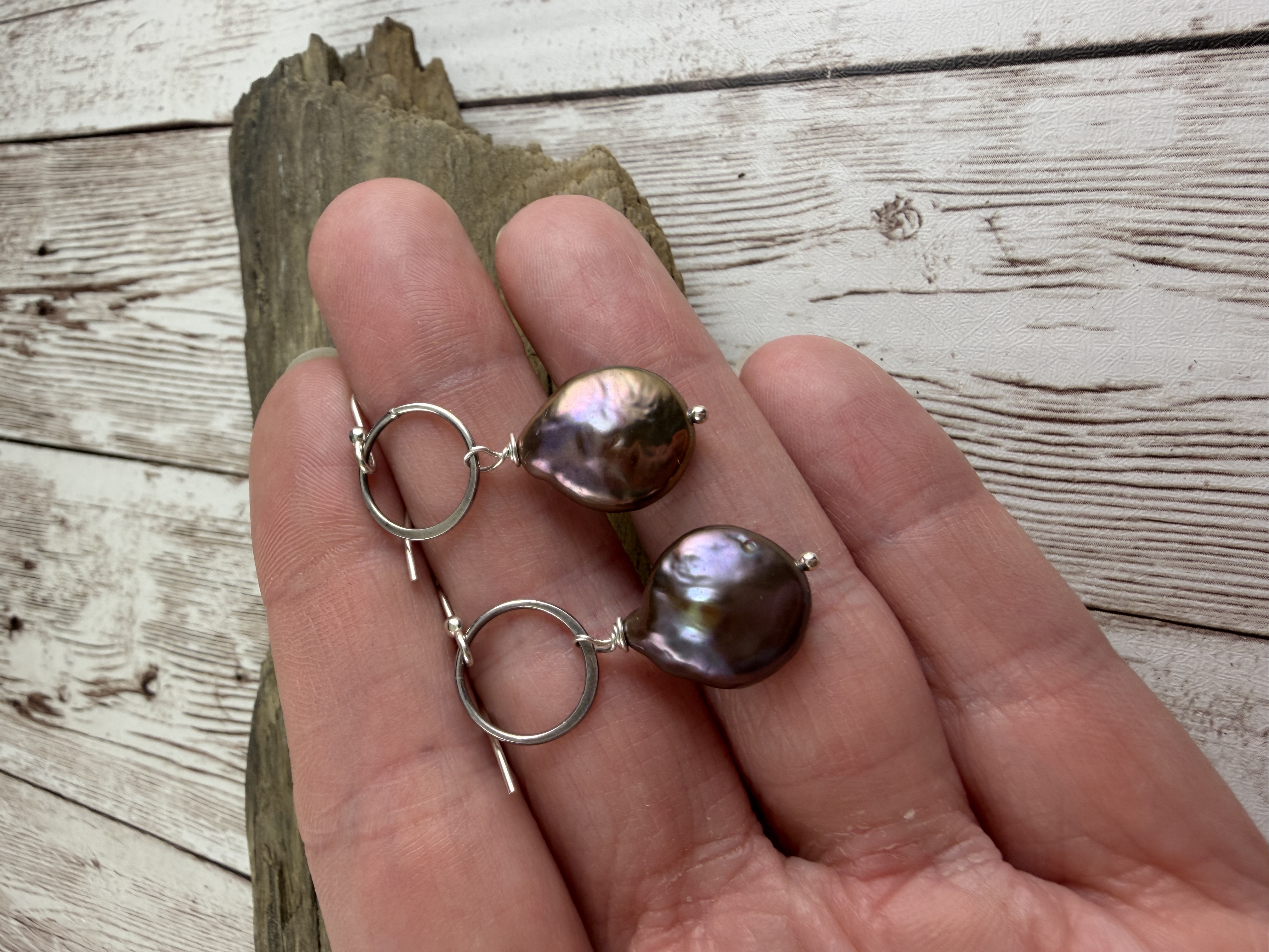 Sterling Silver Freshwater Coin Pearl Dangle Earrings, Purple Bronze thumbnail 5