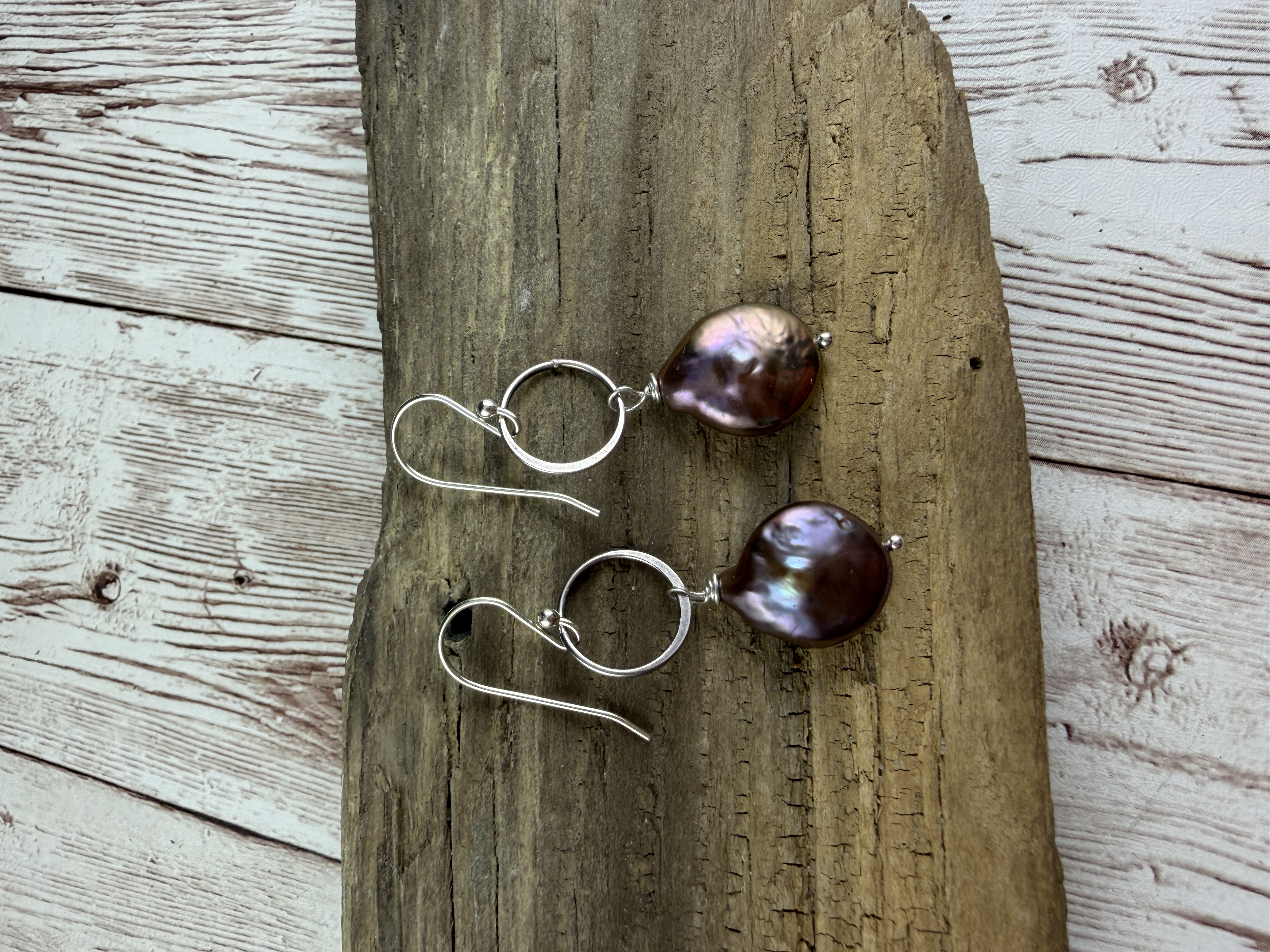 Sterling Silver Freshwater Coin Pearl Dangle Earrings, Purple Bronze thumbnail 3