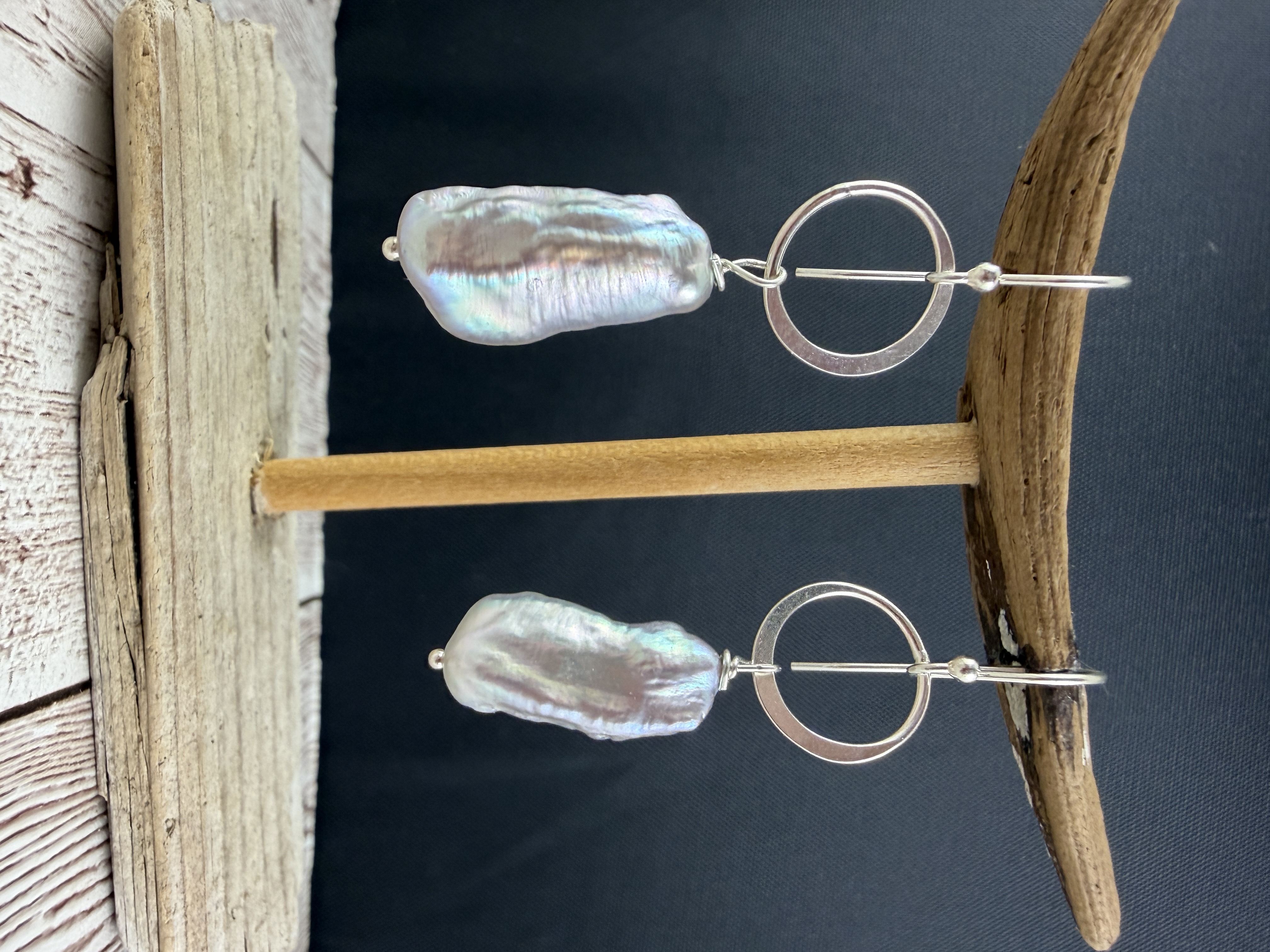 Sterling Silver Biwa Pearl Dangle Earrings, Freshwater Pearls