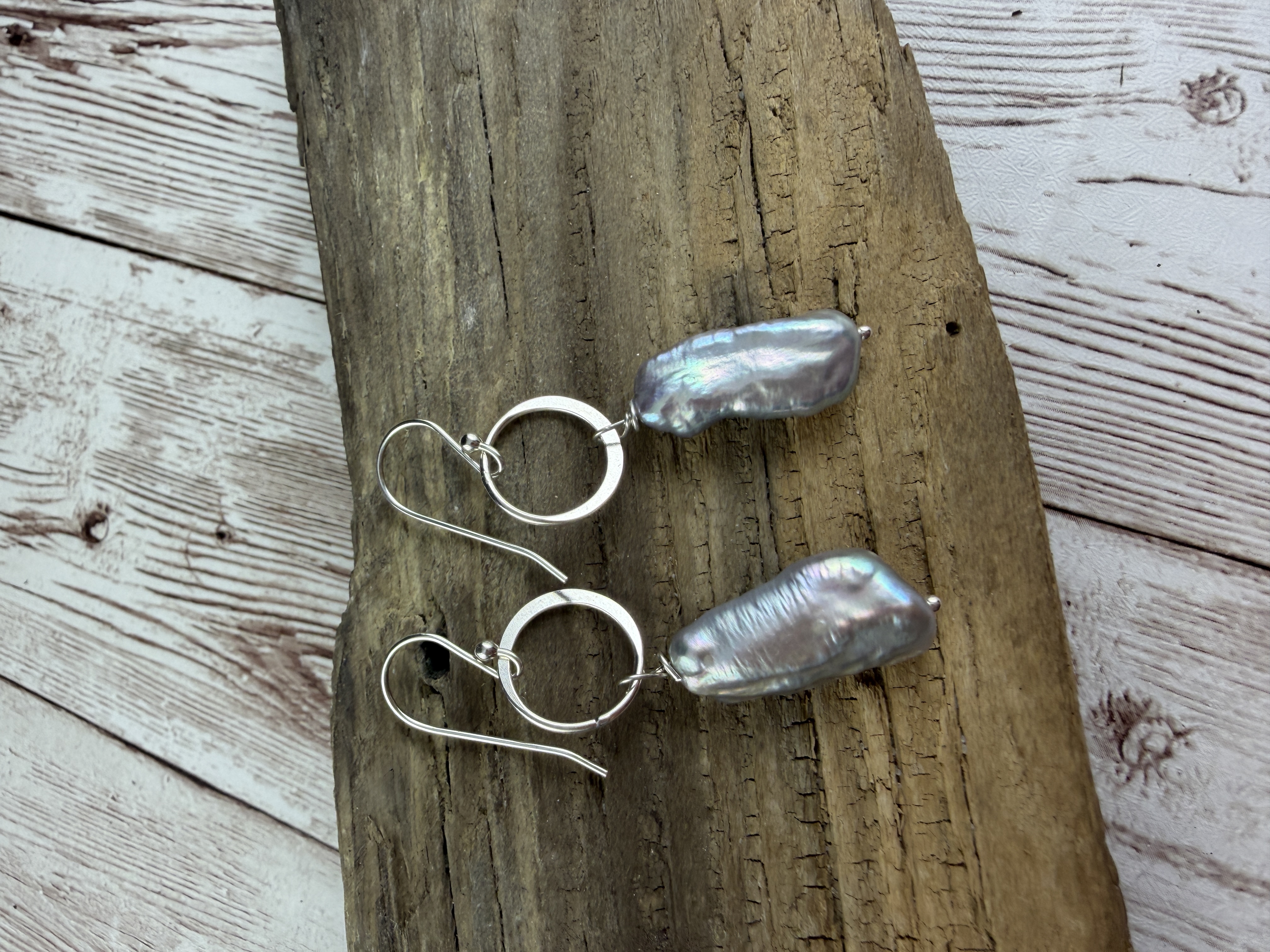 Sterling Silver Biwa Pearl Dangle Earrings, Freshwater Pearls thumbnail 3