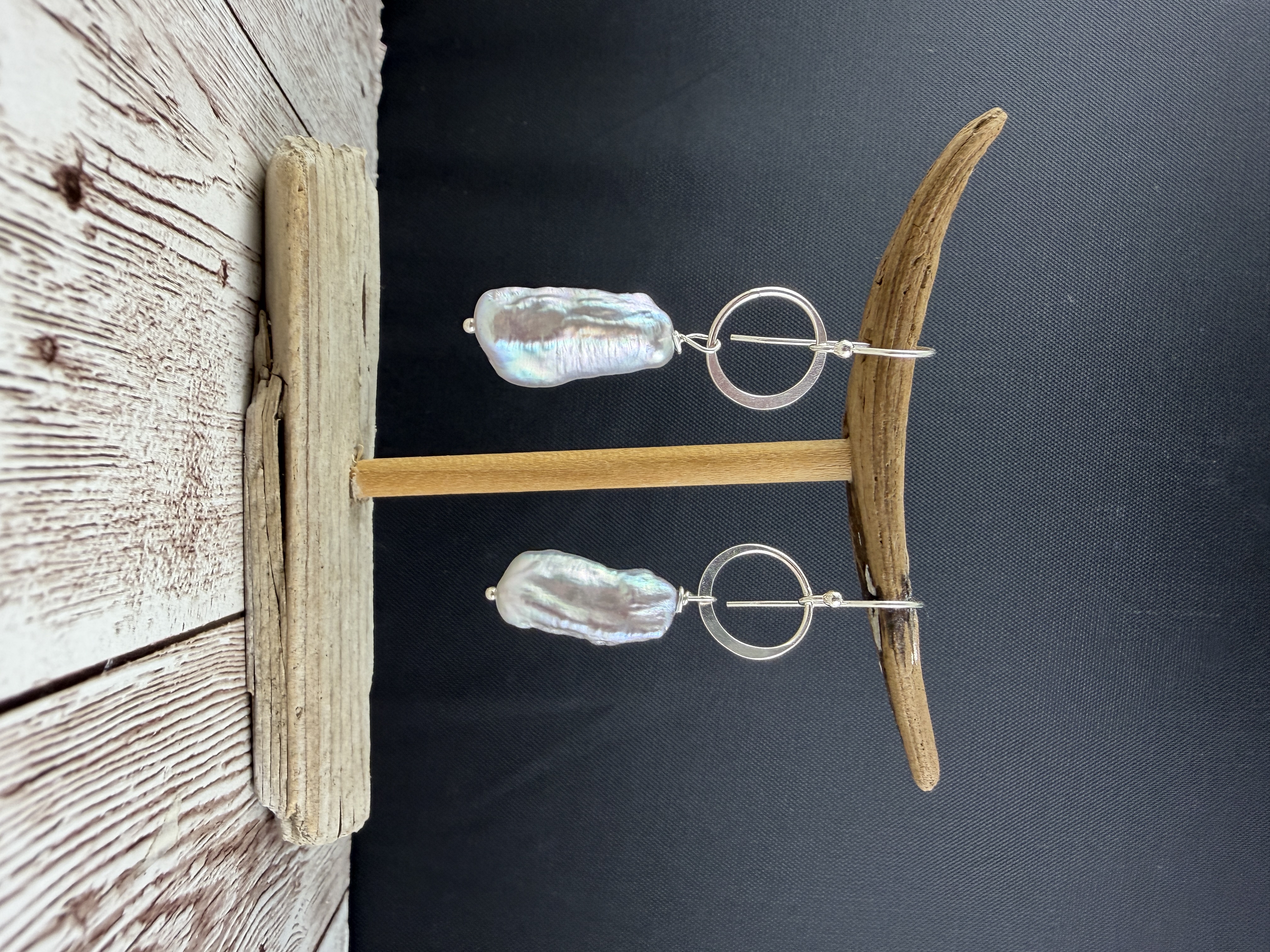 Sterling Silver Biwa Pearl Dangle Earrings, Freshwater Pearls thumbnail 2