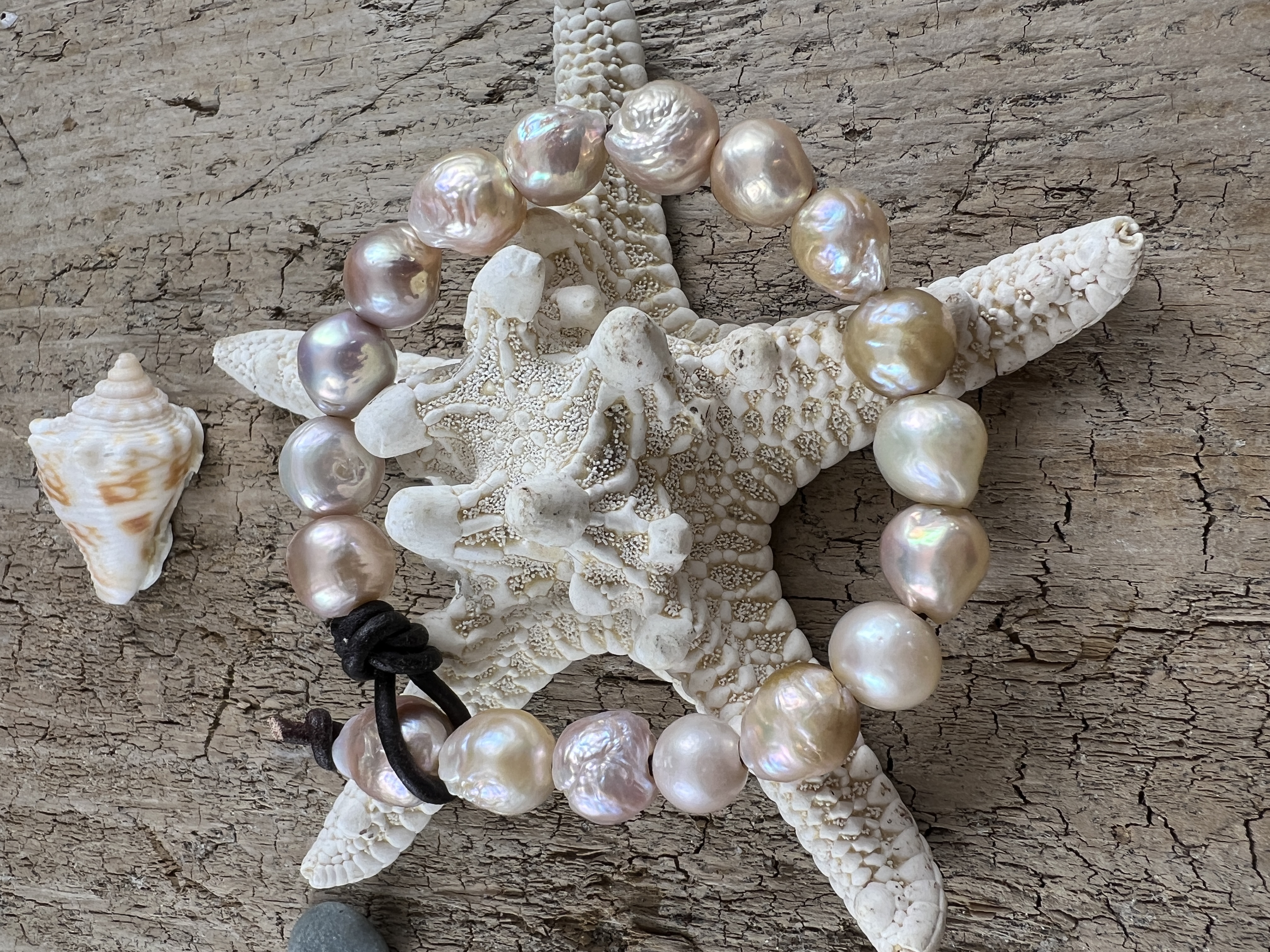 Handcrafted Baroque Pearl and Leather Bracelet, Blush Pink