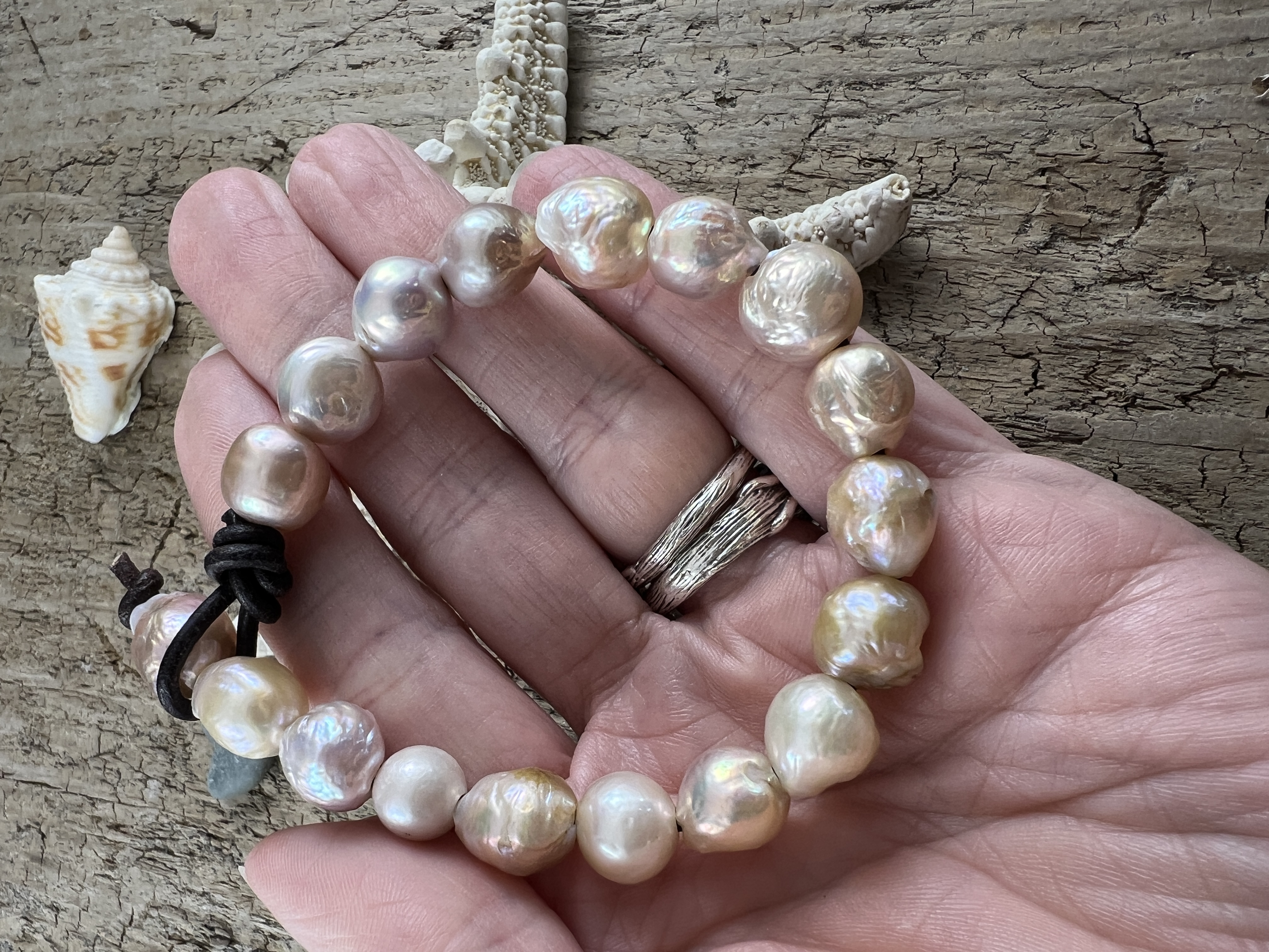 Handcrafted Baroque Pearl and Leather Bracelet, Blush Pink thumbnail 6