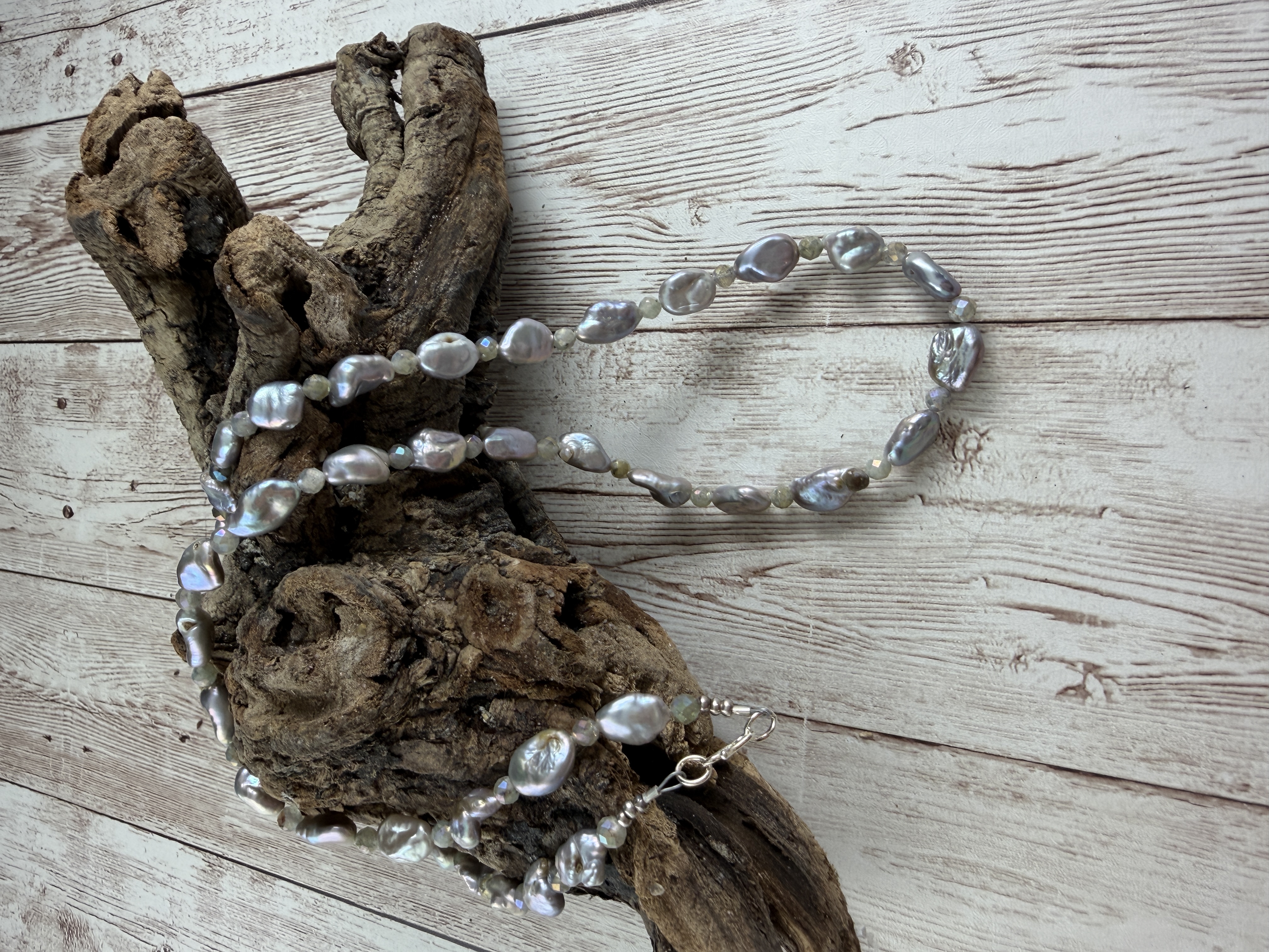Lavender Silver Pearl Necklace with Labradorite thumbnail 4