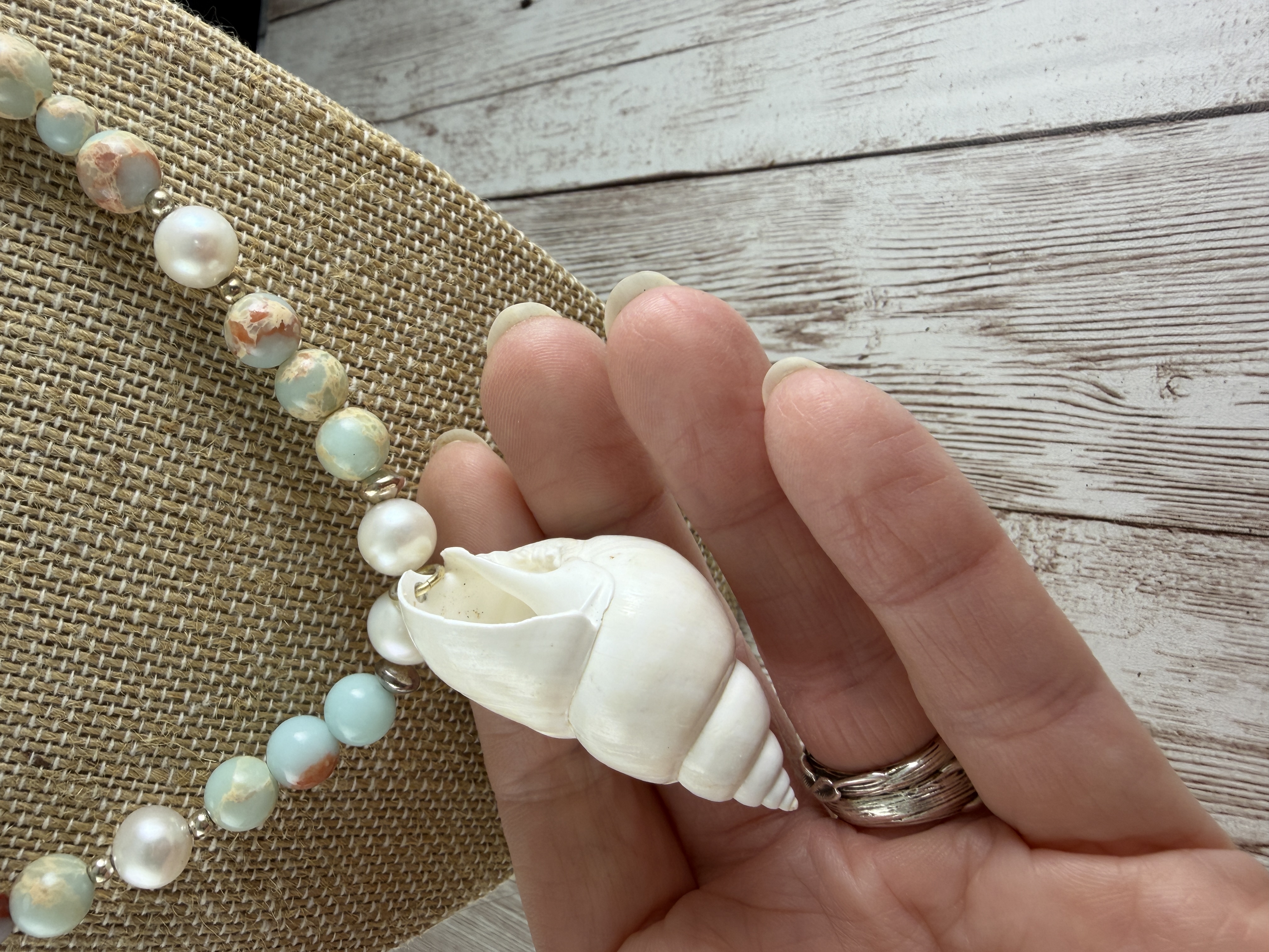 Aqua Terra Jasper and Pearl Necklace with Shell Pendant thumbnail 3