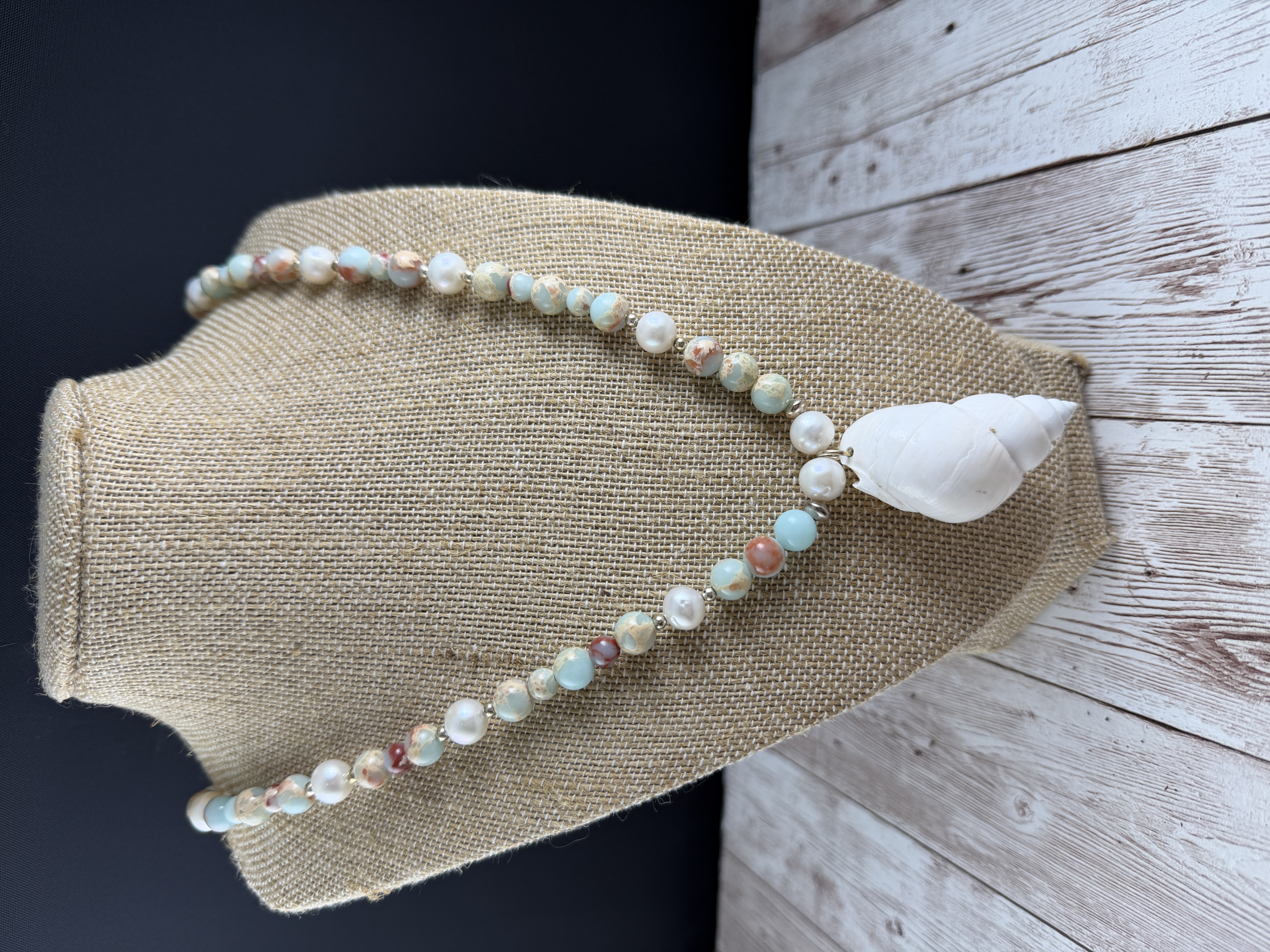 Aqua Terra Jasper and Pearl Necklace with Shell Pendant