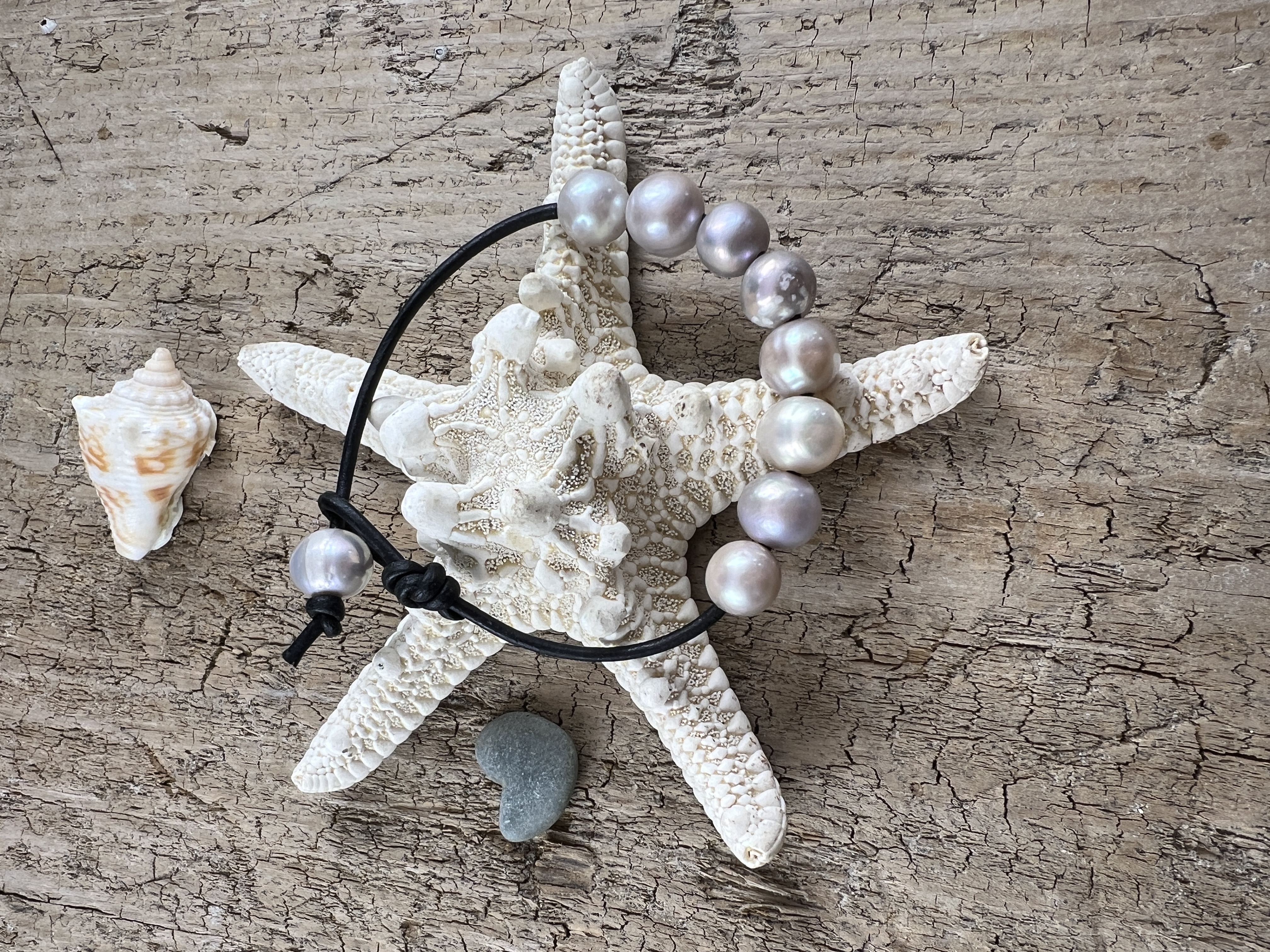 Handcrafted Silver Pearl Leather Bracelet, Rustic Boho Style