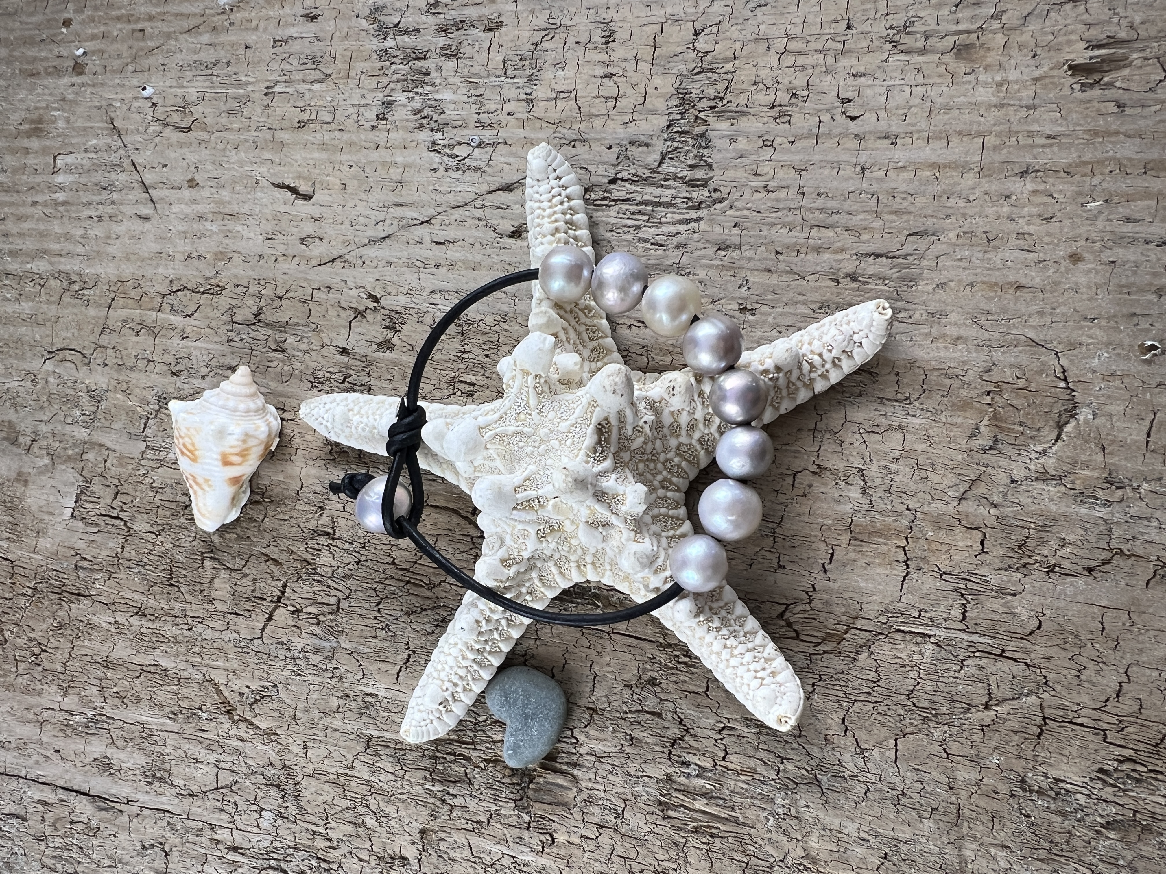 Handcrafted Silver Pearl Leather Bracelet, Rustic Boho Style thumbnail 2