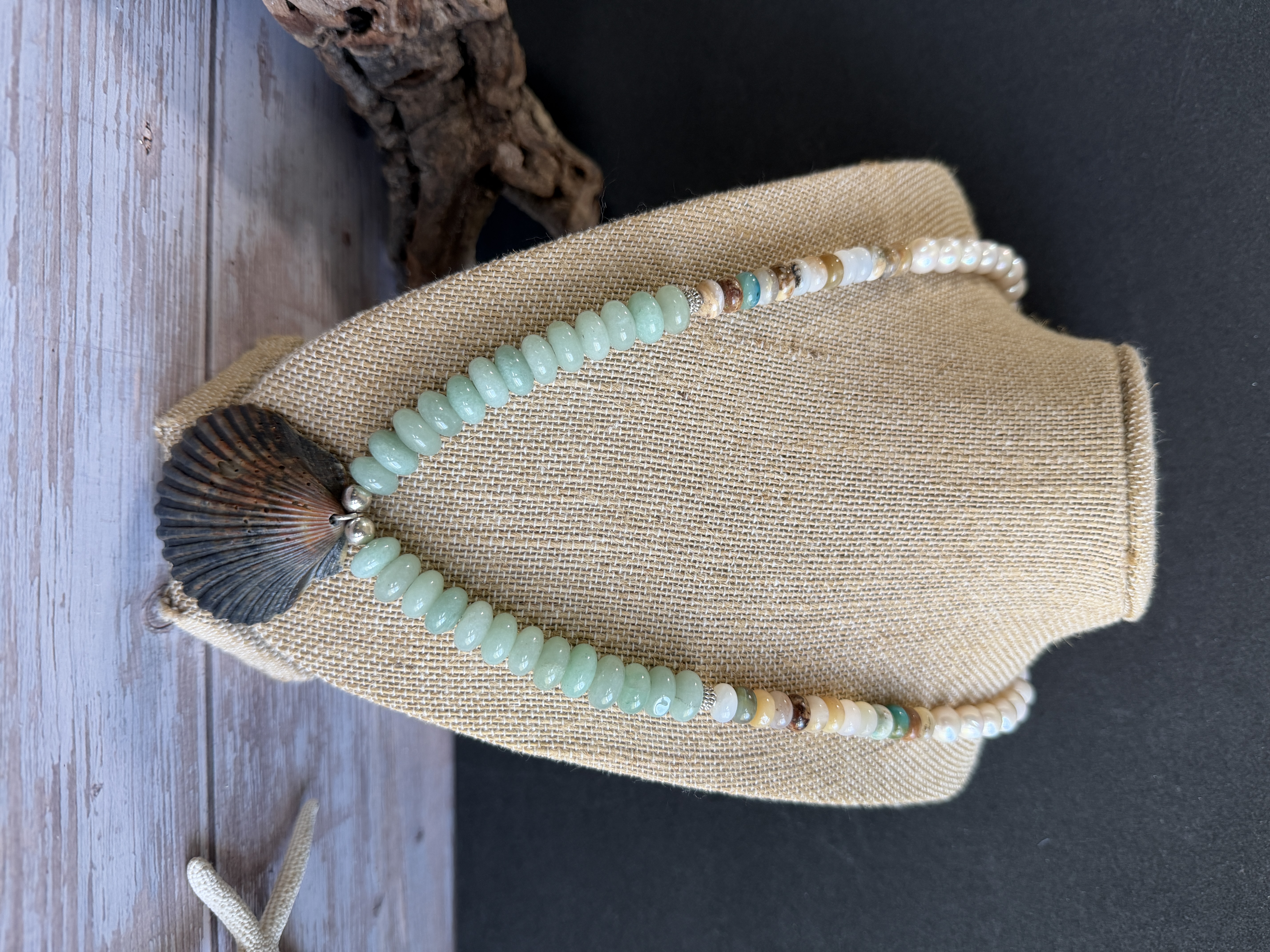 Aventurine, Opal and Pearl Necklace with Shell Pendant