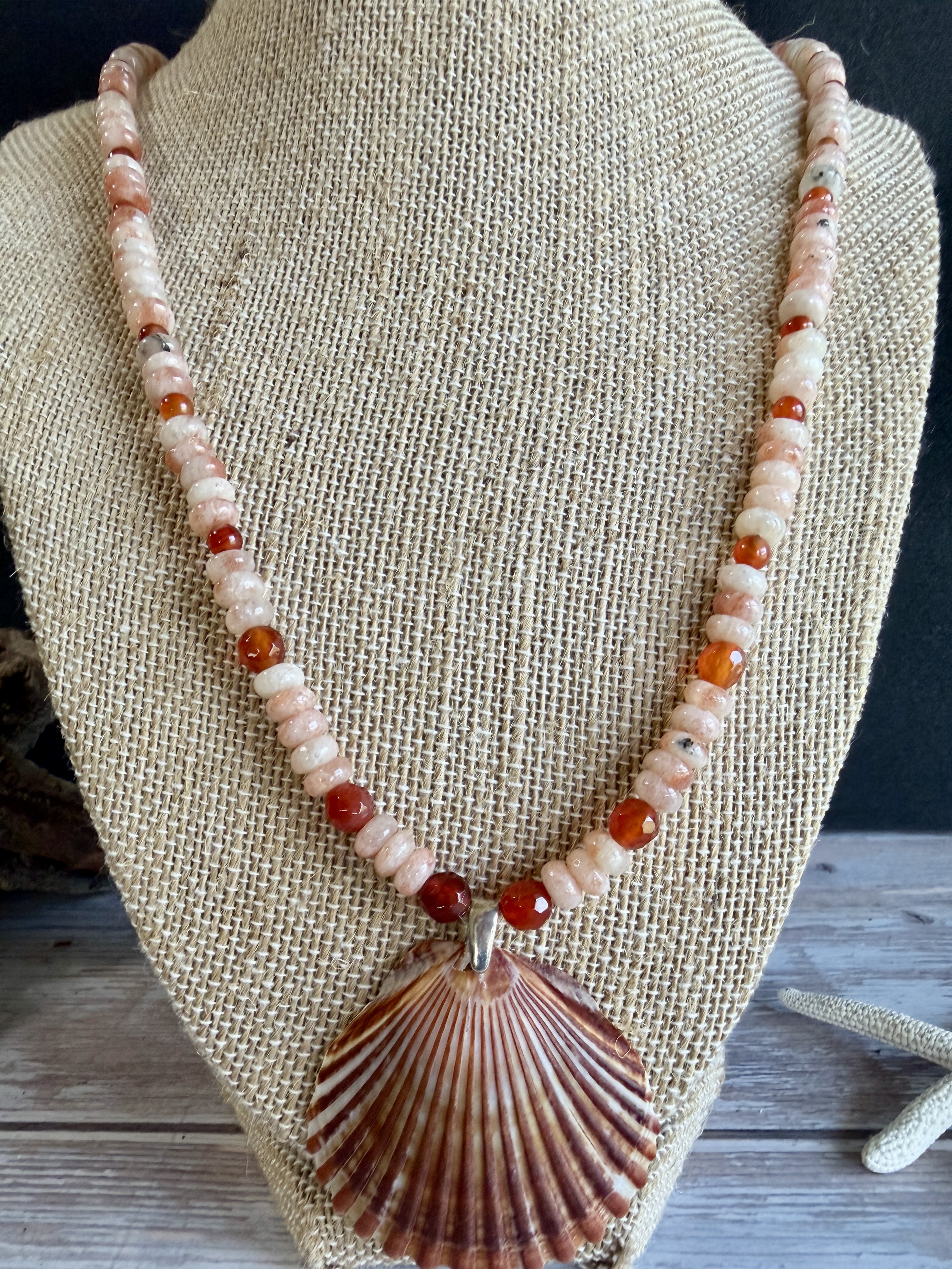 Sunstone and Carnelian Necklace with Shell Pendant thumbnail 7