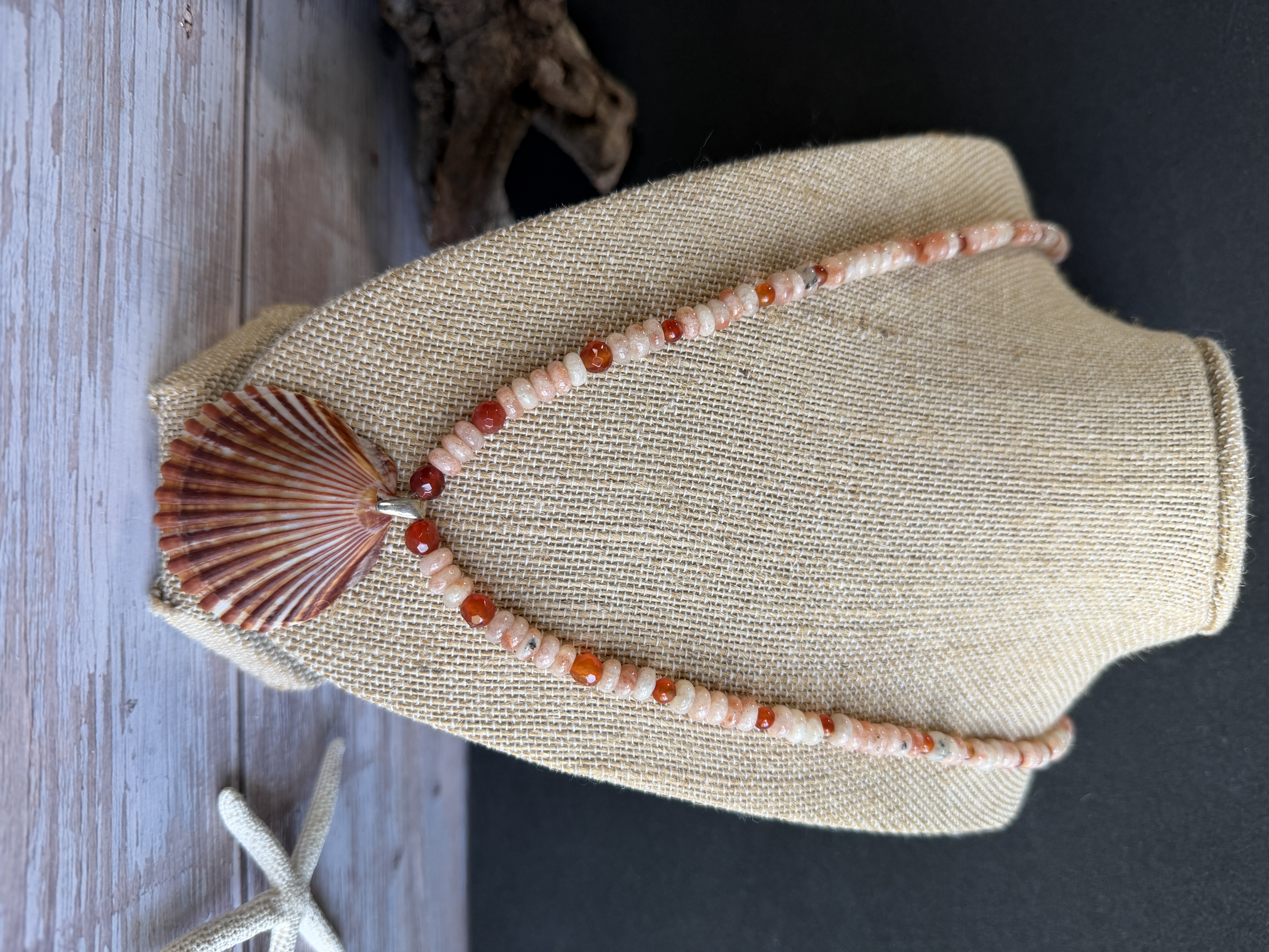 Sunstone and Carnelian Necklace with Shell Pendant thumbnail 2