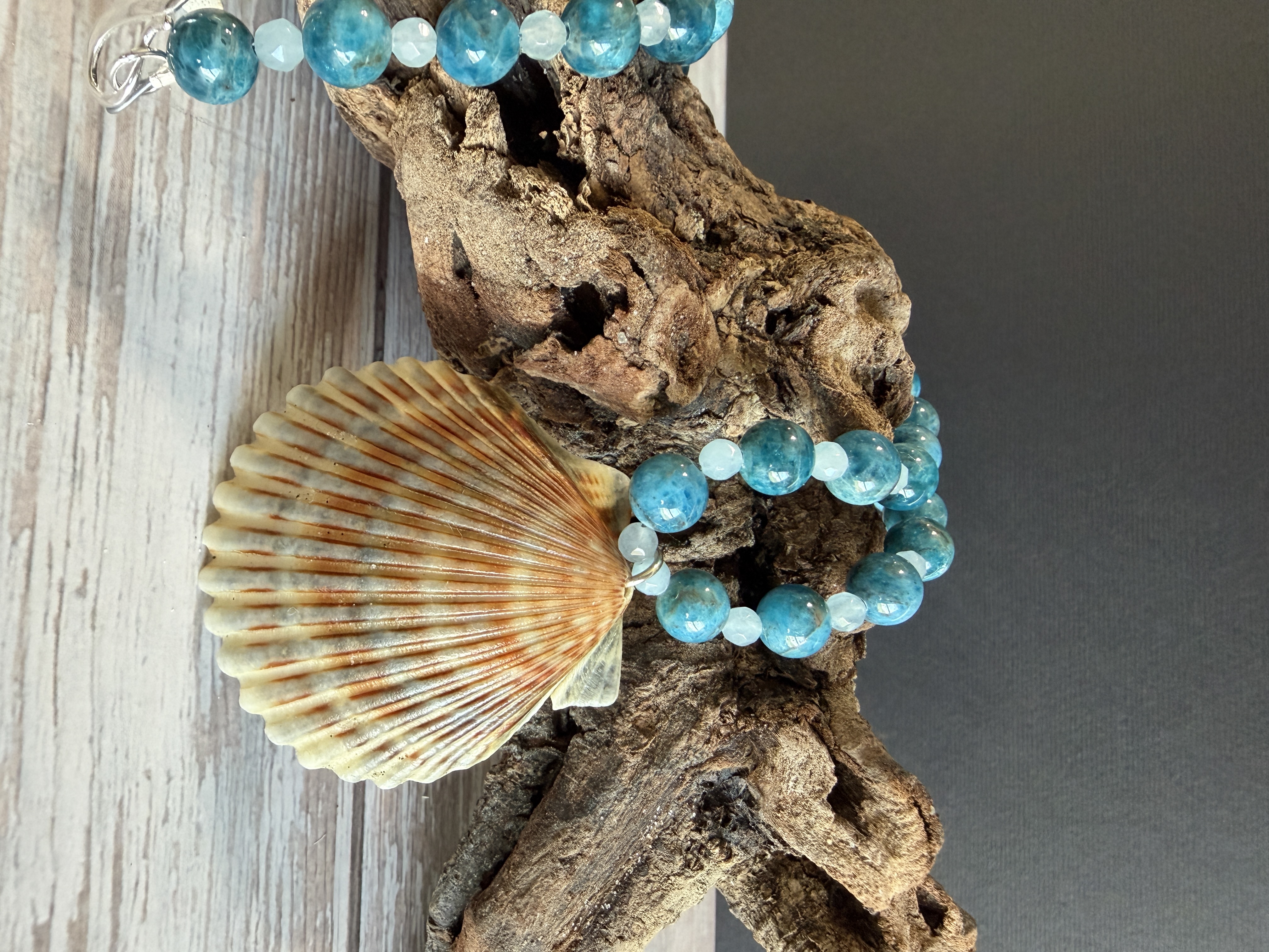Apatite and Agate Necklace with Shell Pendant