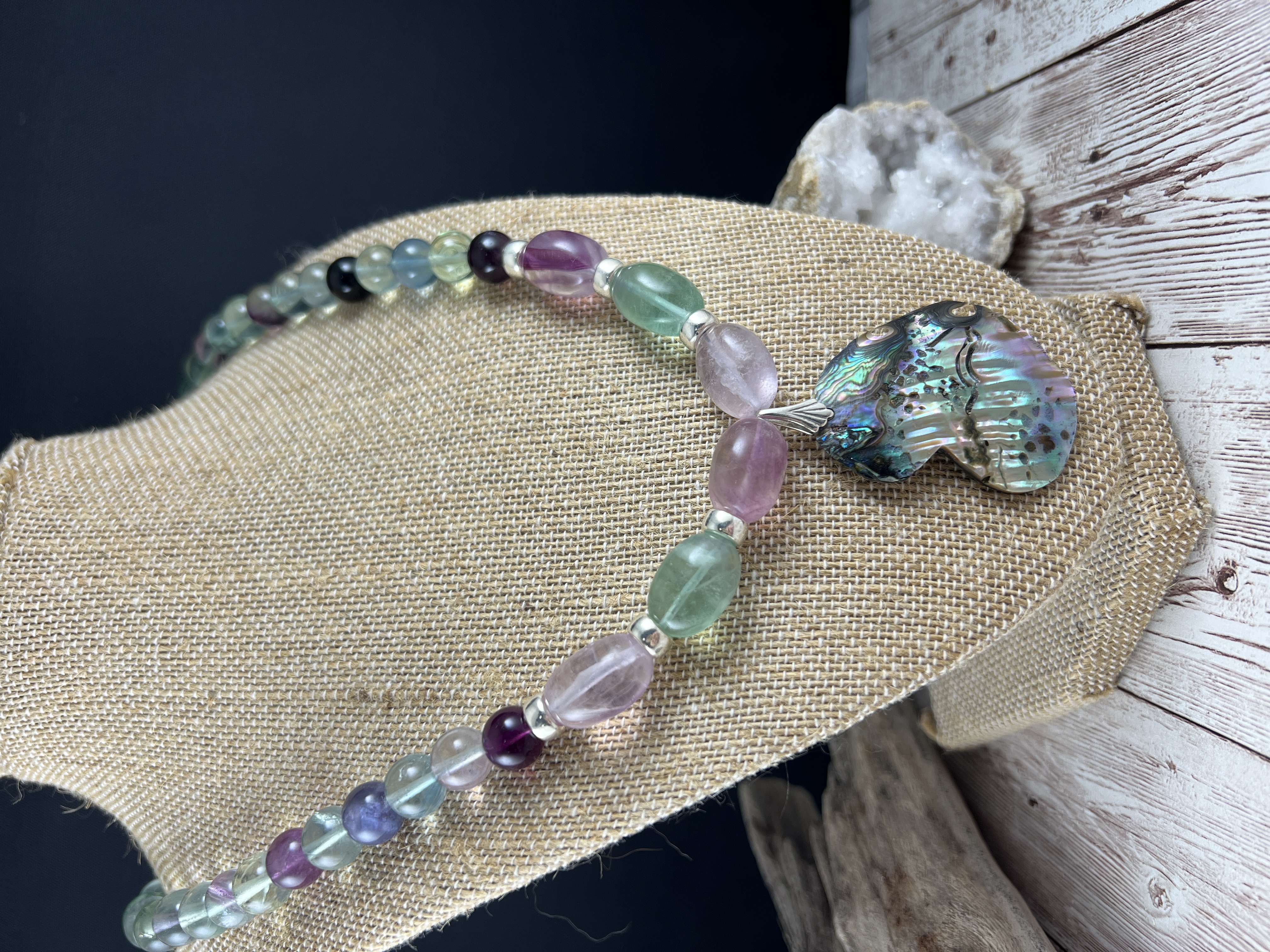 Rainbow Flourite Necklace with Handcut Abalone Pendant thumbnail 4