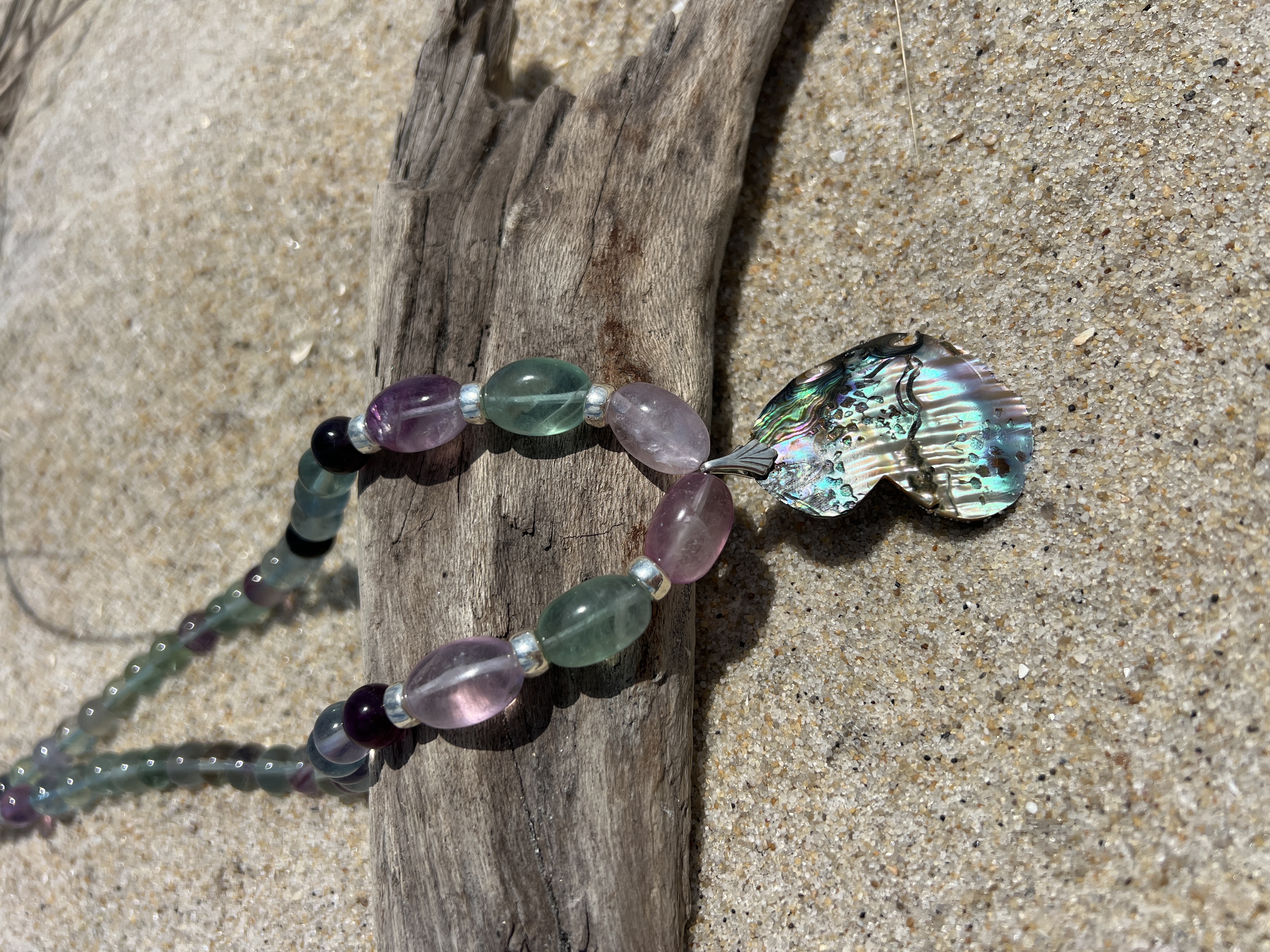 Rainbow Flourite Necklace with Handcut Abalone Pendant thumbnail 2