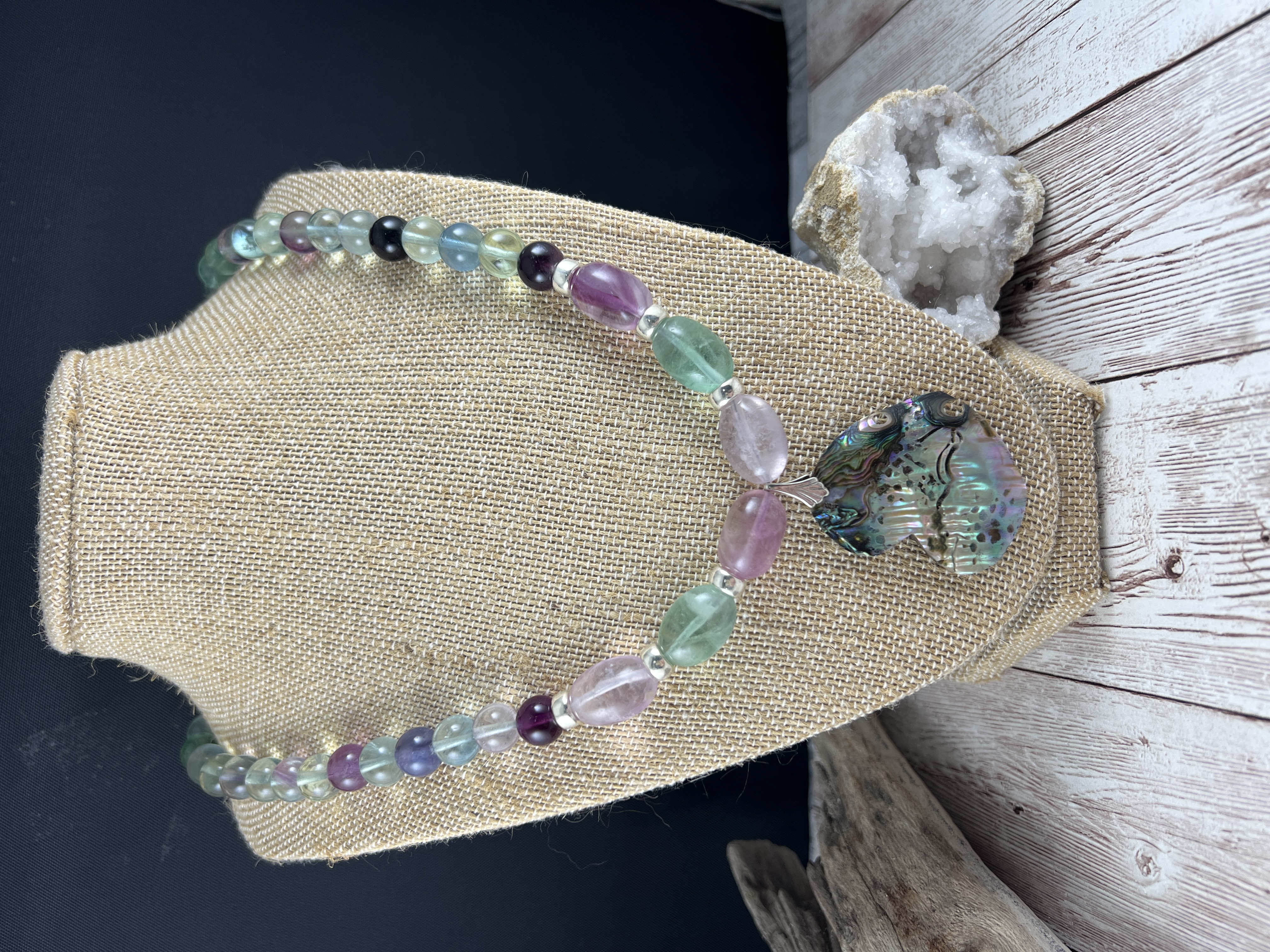 Rainbow Flourite Necklace with Handcut Abalone Pendant