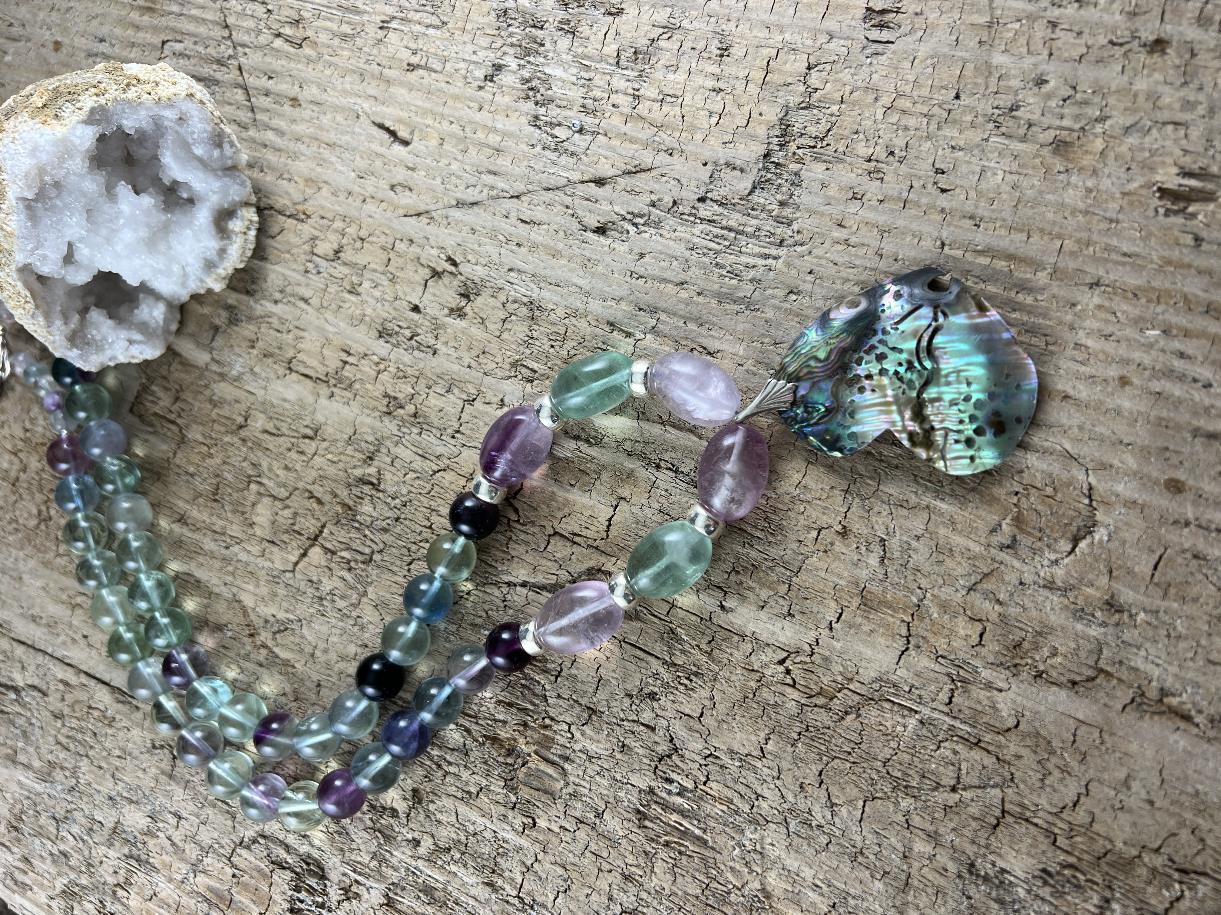 Rainbow Flourite Necklace with Handcut Abalone Pendant thumbnail 5