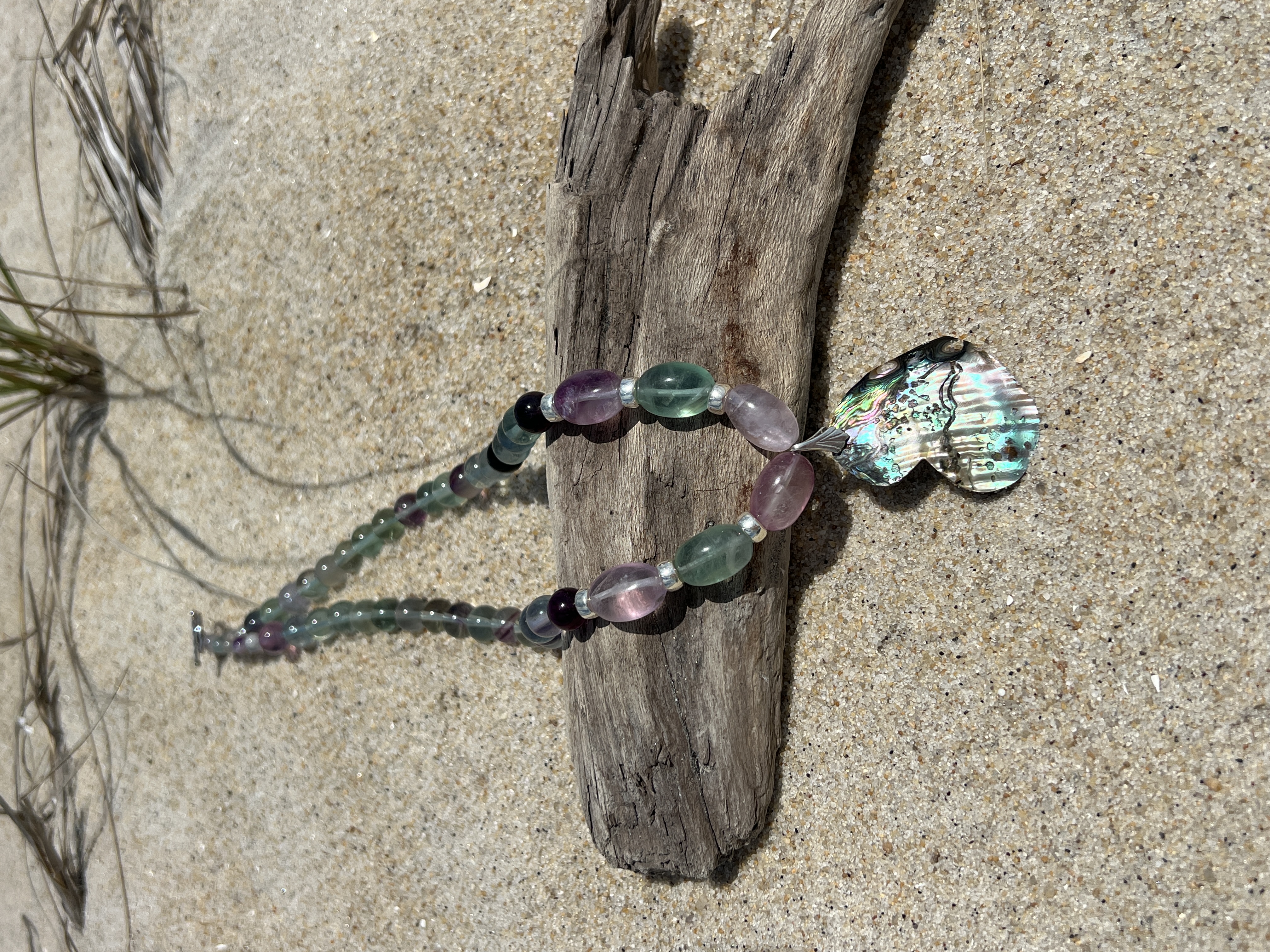 Rainbow Flourite Necklace with Handcut Abalone Pendant thumbnail 3