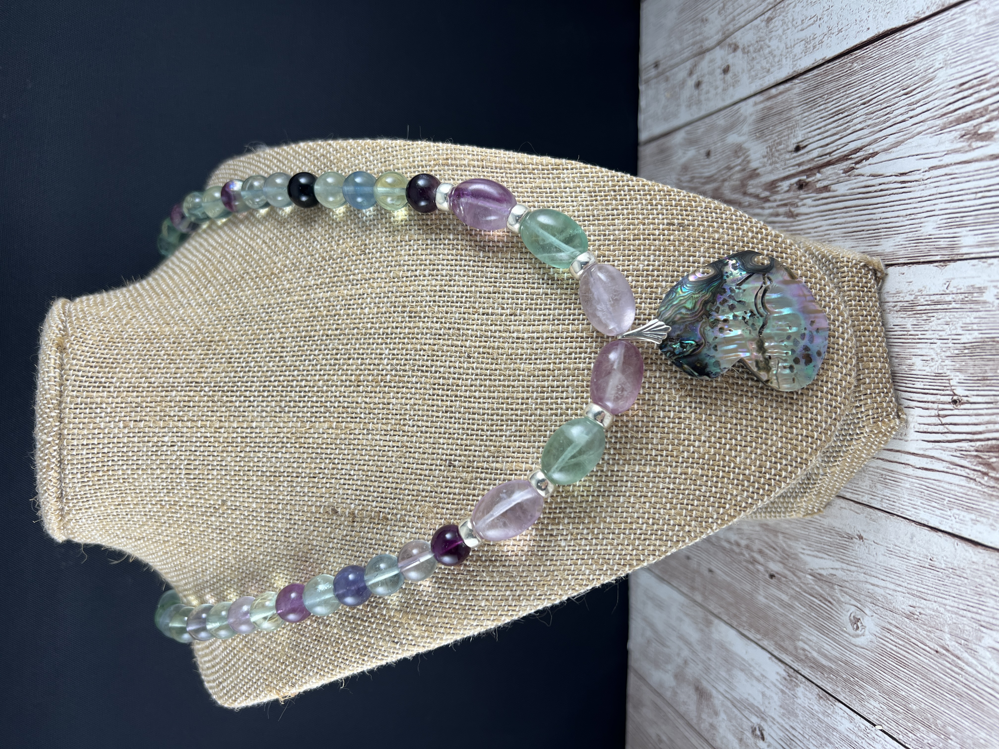 Rainbow Flourite Necklace with Handcut Abalone Pendant thumbnail 7