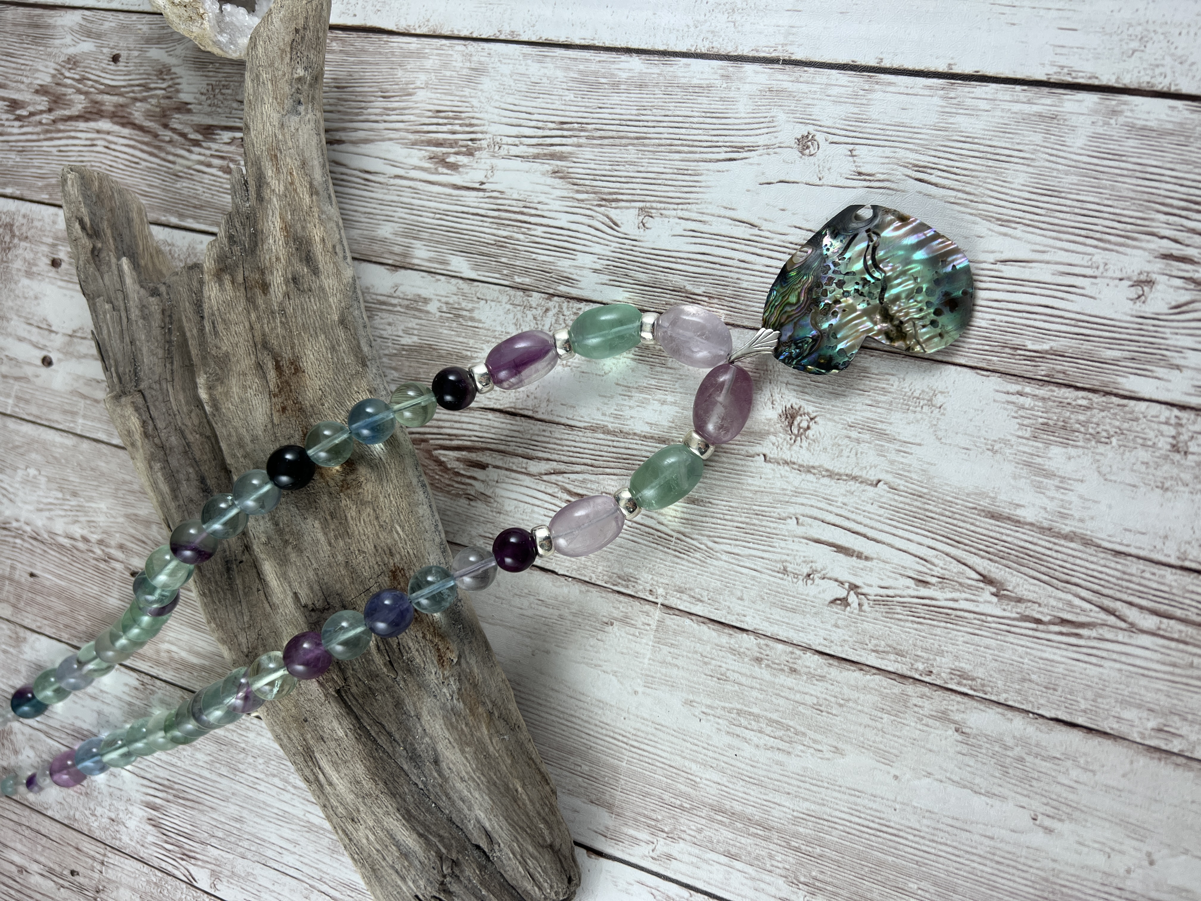 Rainbow Flourite Necklace with Handcut Abalone Pendant thumbnail 6