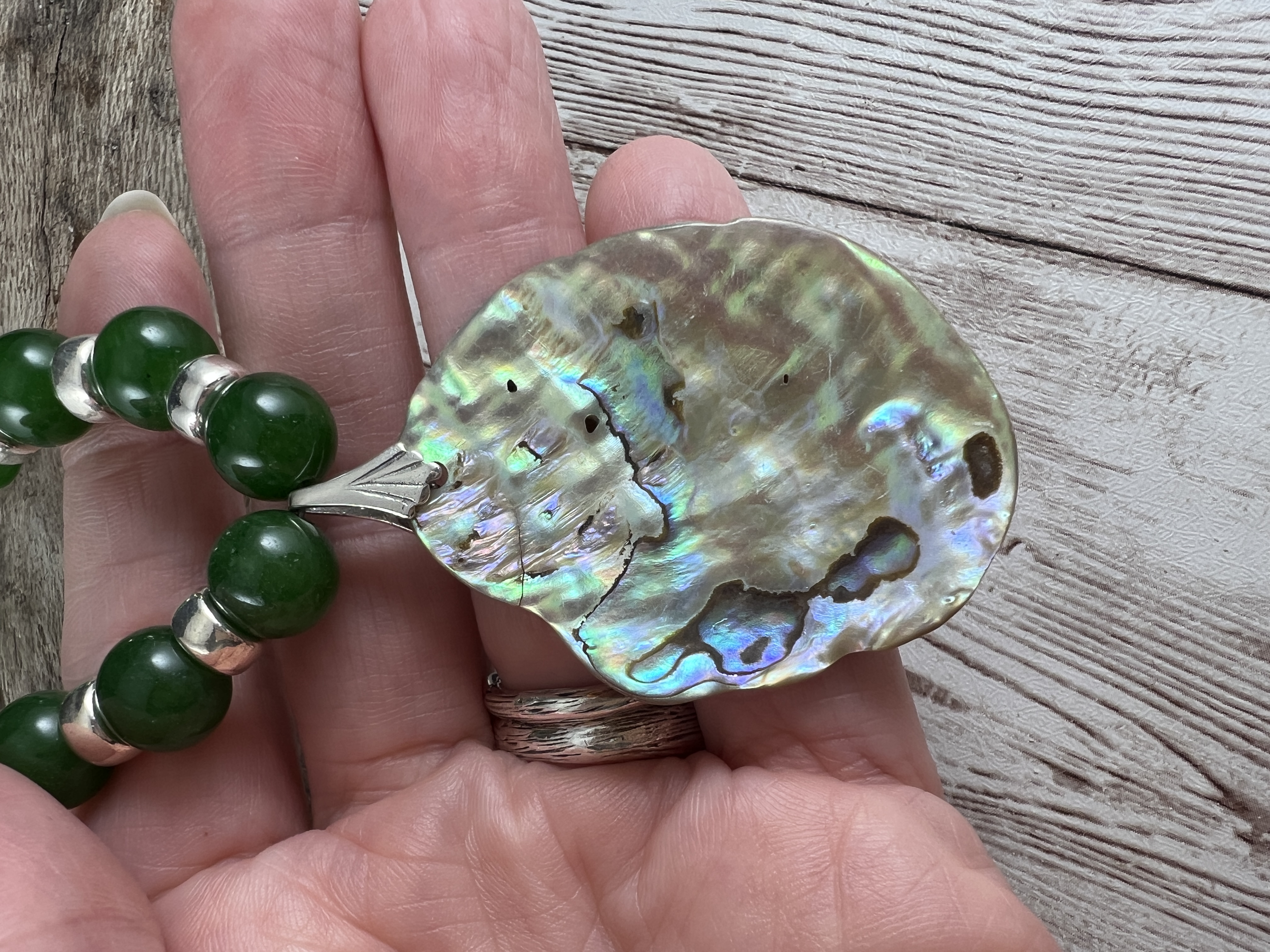 Green Jade Necklace with Abalone Pendant thumbnail 9