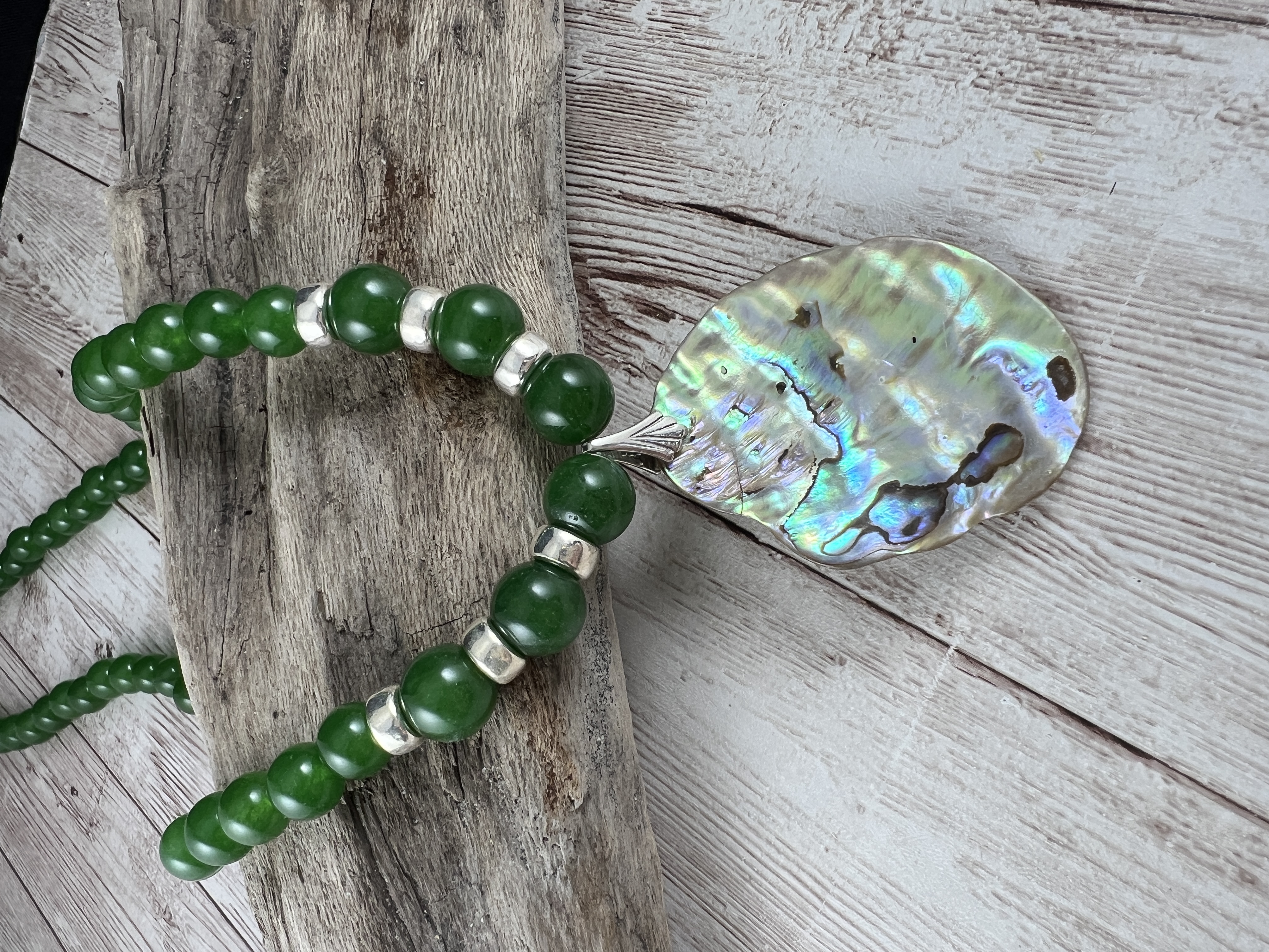 Green Jade Necklace with Abalone Pendant thumbnail 7