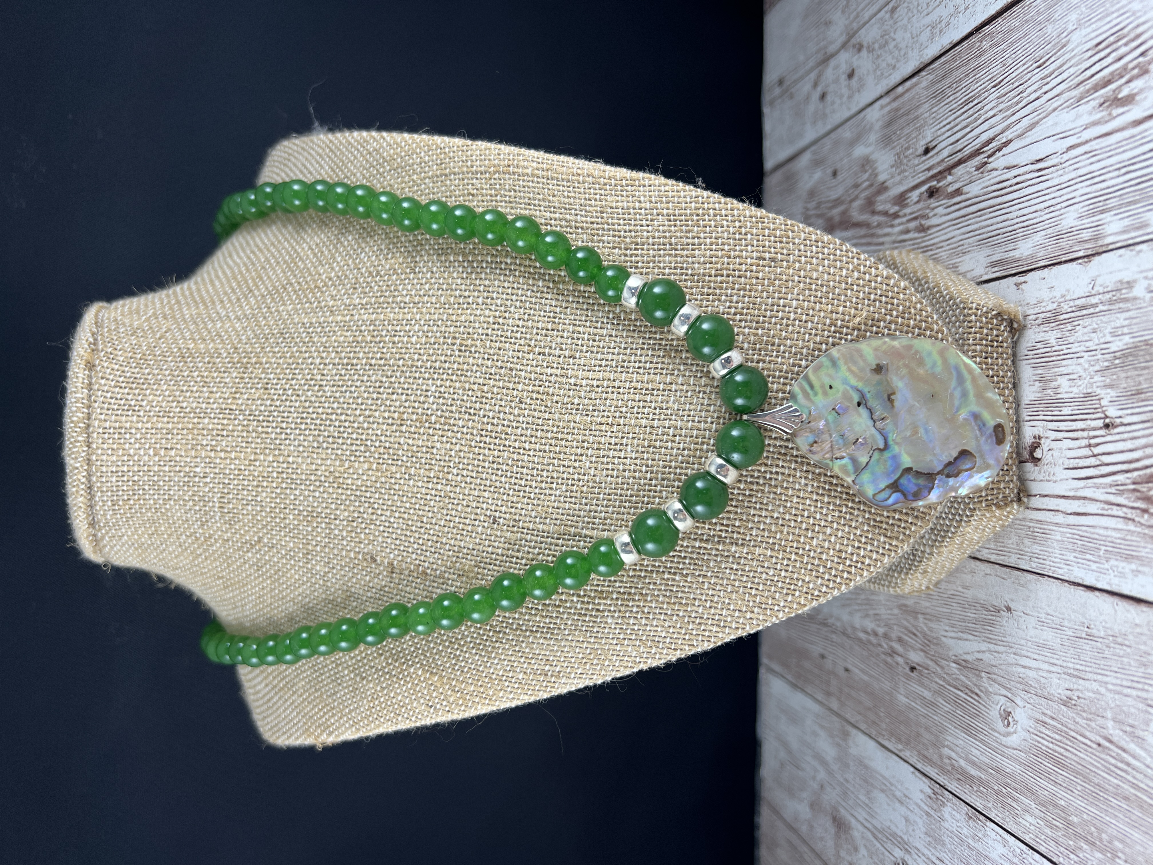 Green Jade Necklace with Abalone Pendant