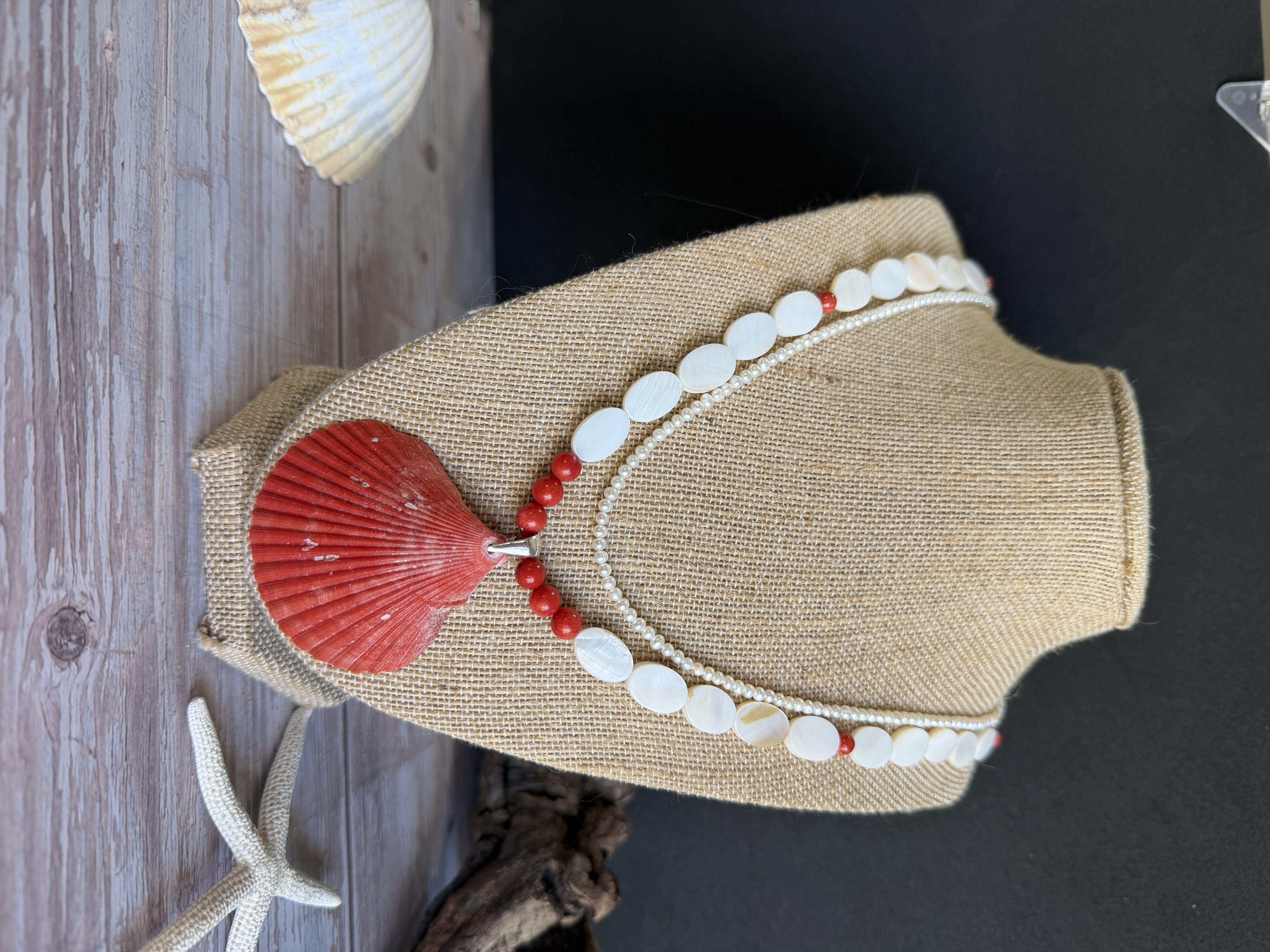 Red Coral and Pearl Necklace with Shell Pendant — handmade necklaces by Geena Dykes at Taylor And Caroline, made with Shell, Mother of Pearl, Pearls, Sterling Silver