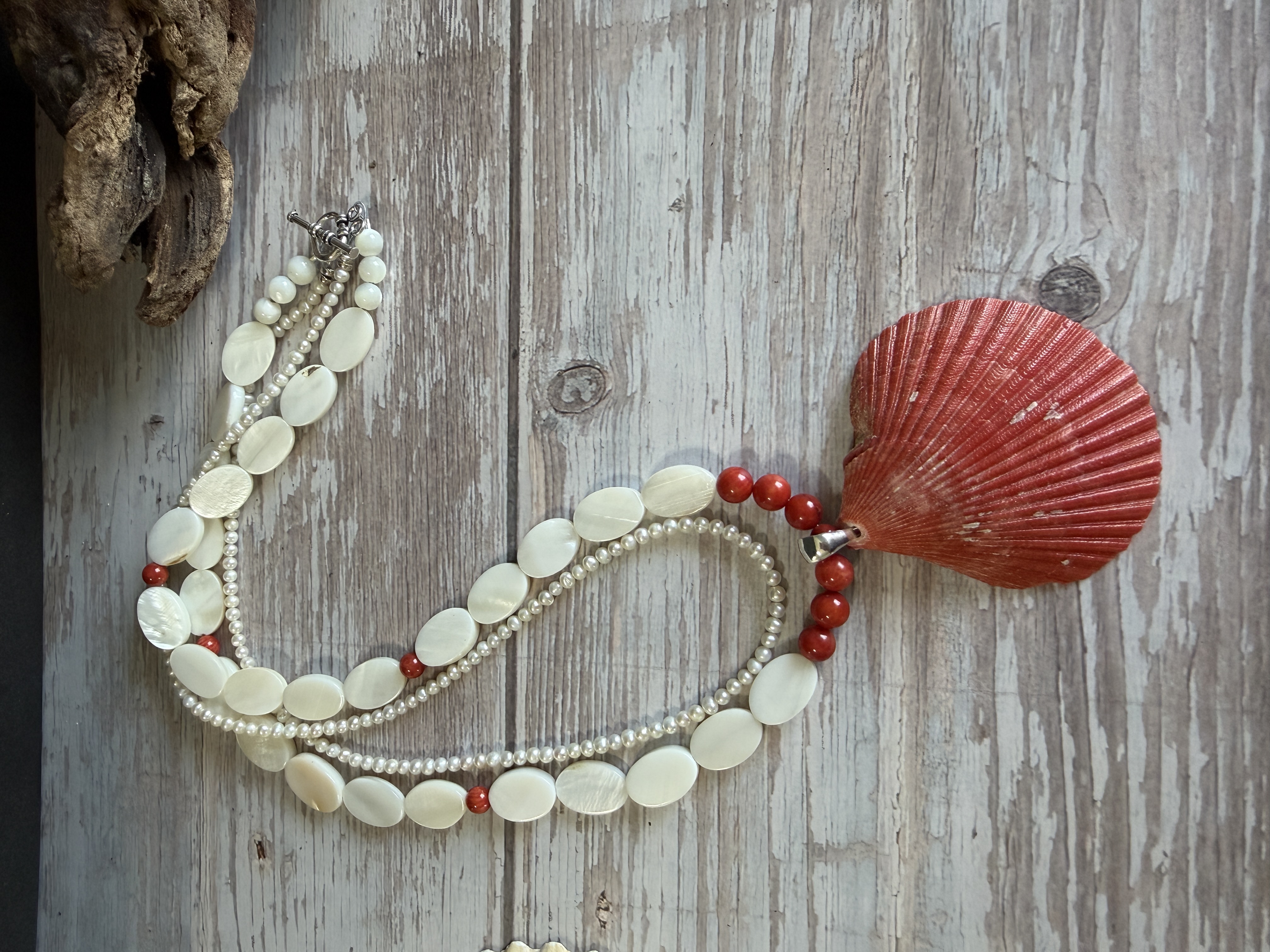 Red Coral and Pearl Necklace with Shell Pendant  thumbnail 5