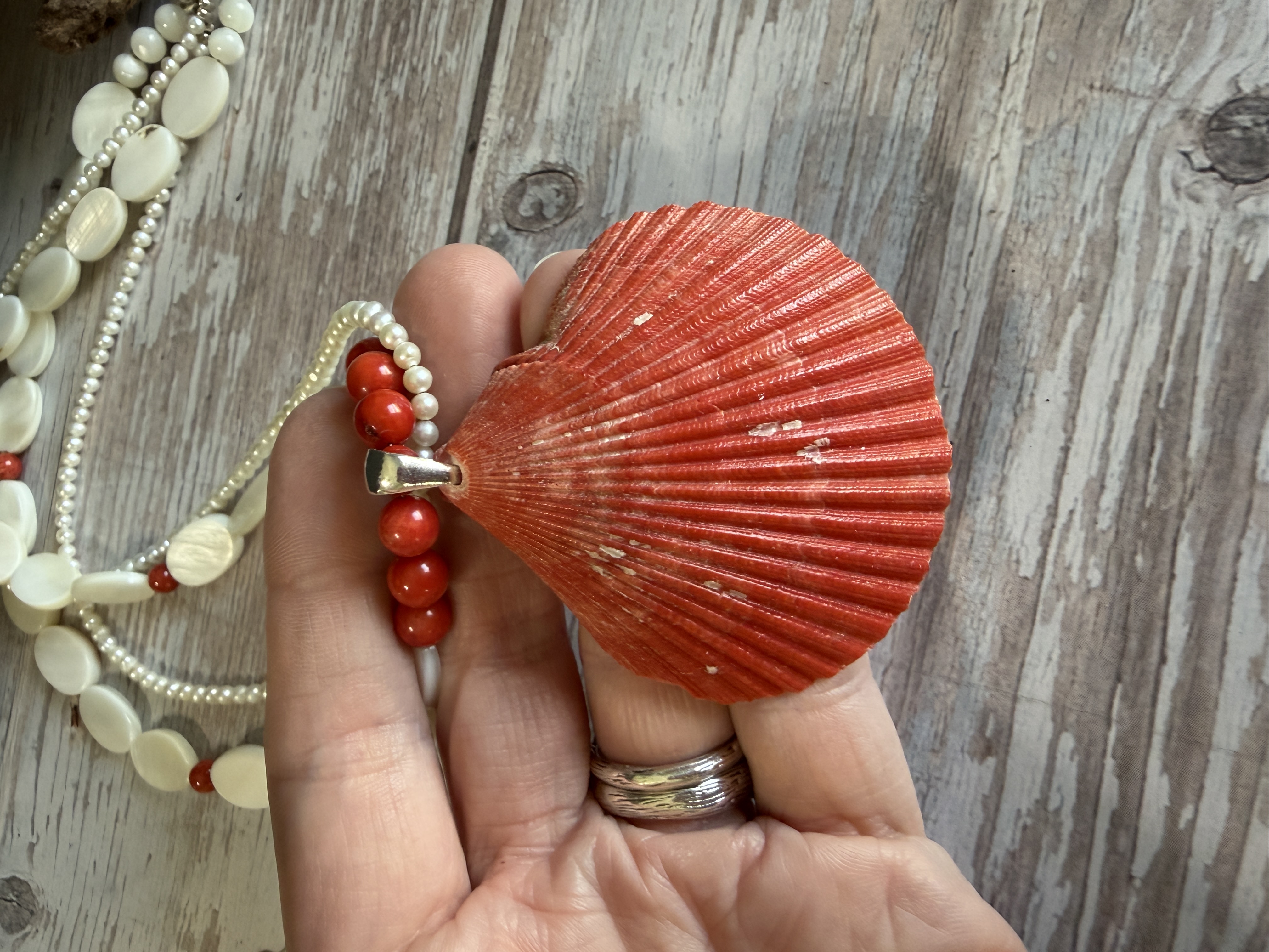 Red Coral and Pearl Necklace with Shell Pendant  thumbnail 7