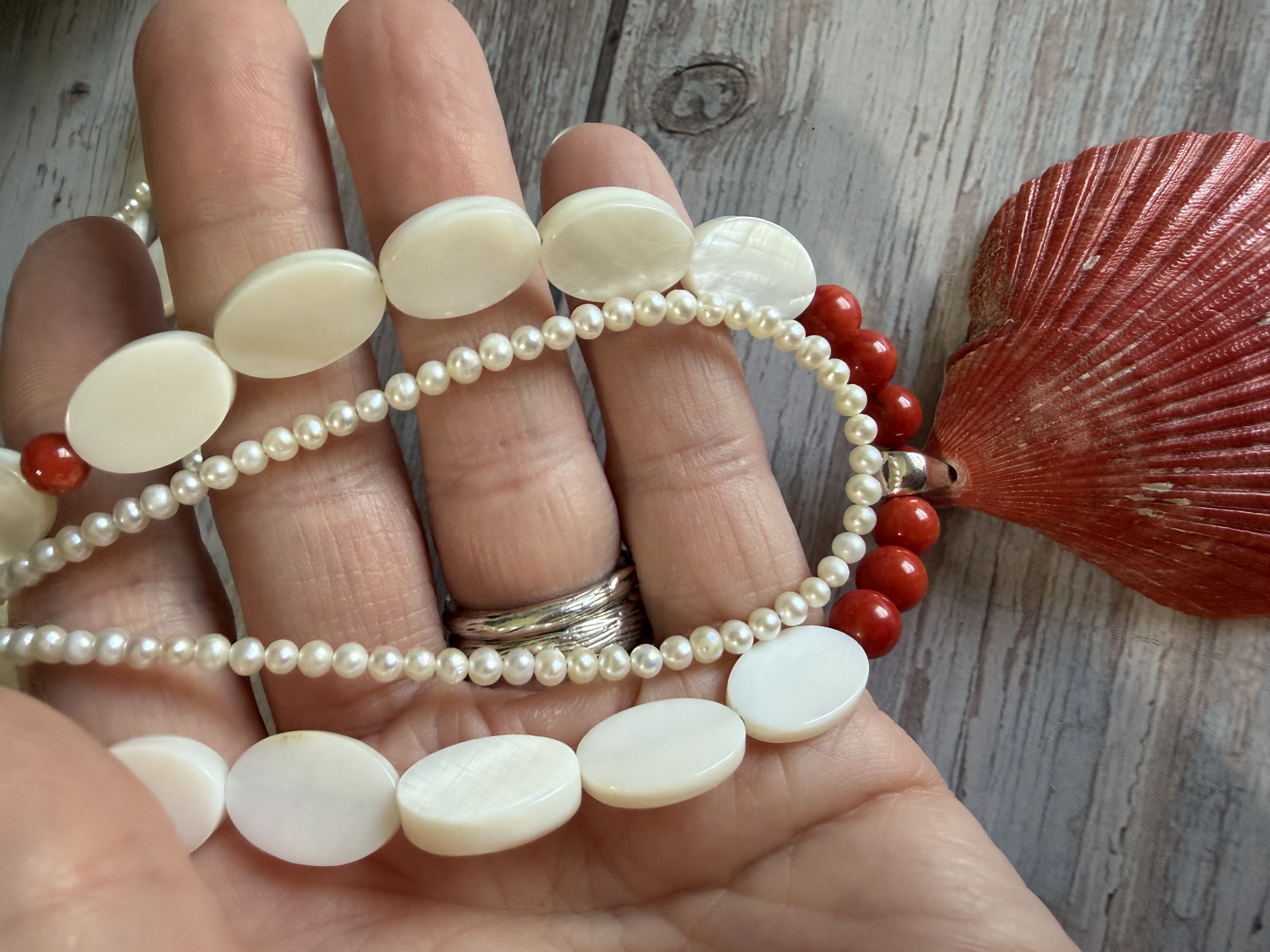 Red Coral and Pearl Necklace with Shell Pendant  thumbnail 6