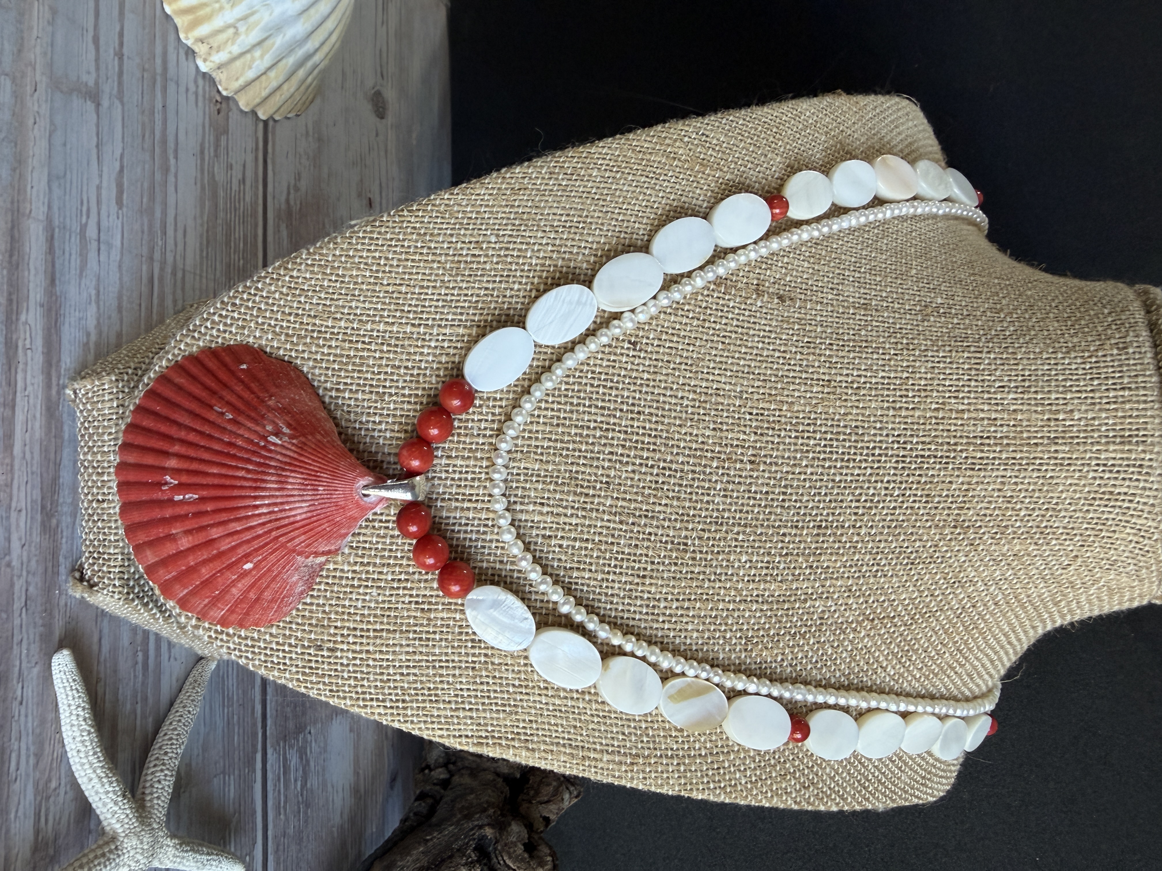 Red Coral and Pearl Necklace with Shell Pendant  thumbnail 2