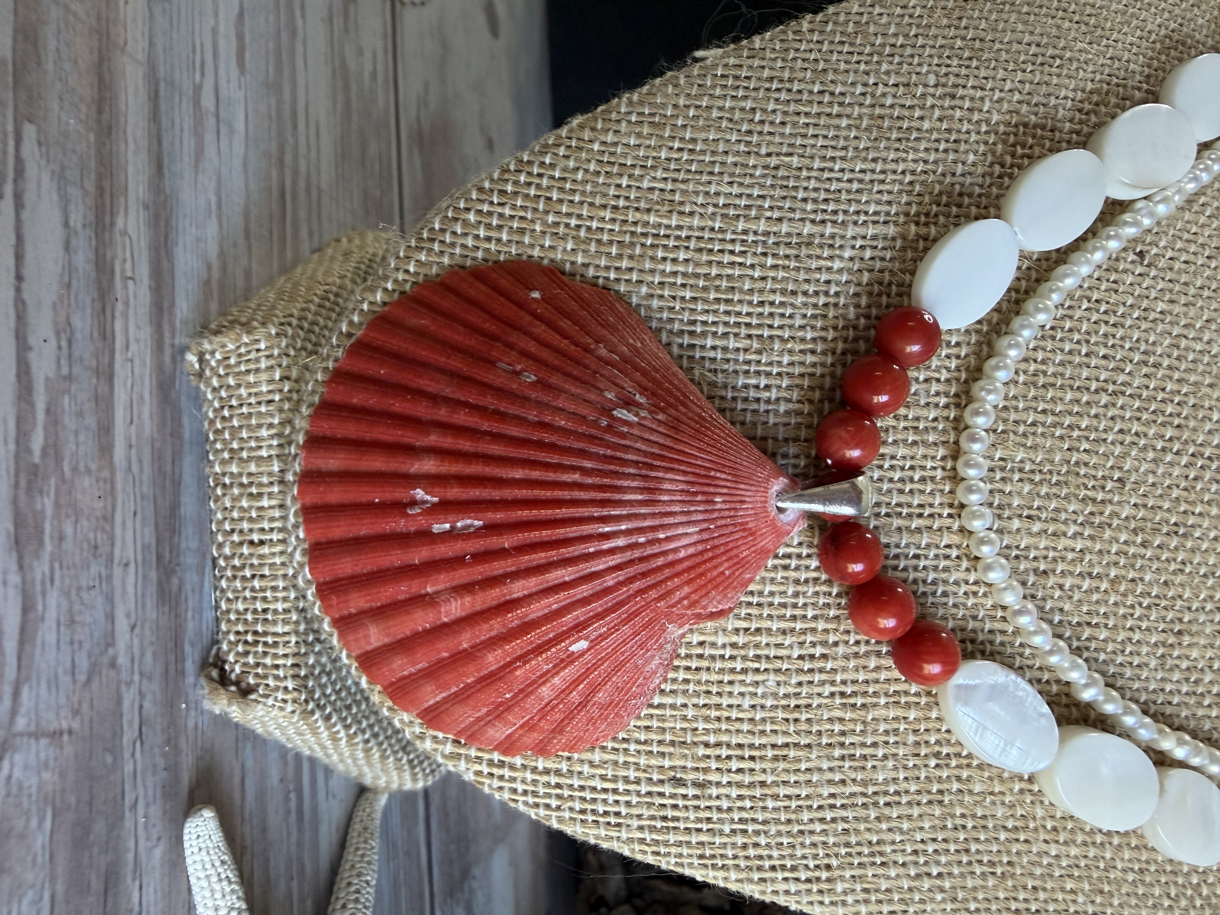 Red Coral and Pearl Necklace with Shell Pendant  thumbnail 3