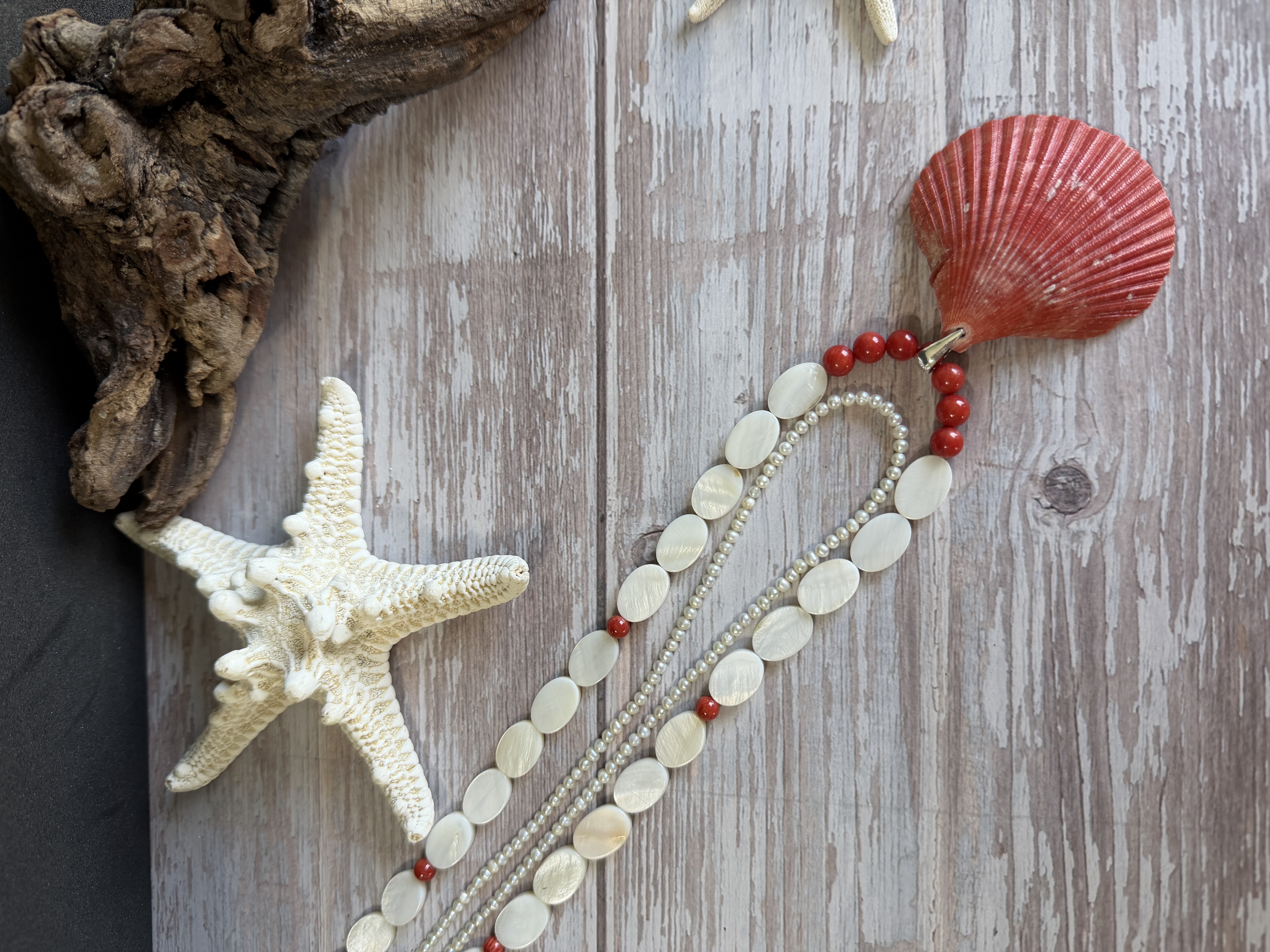 Red Coral and Pearl Necklace with Shell Pendant  thumbnail 4