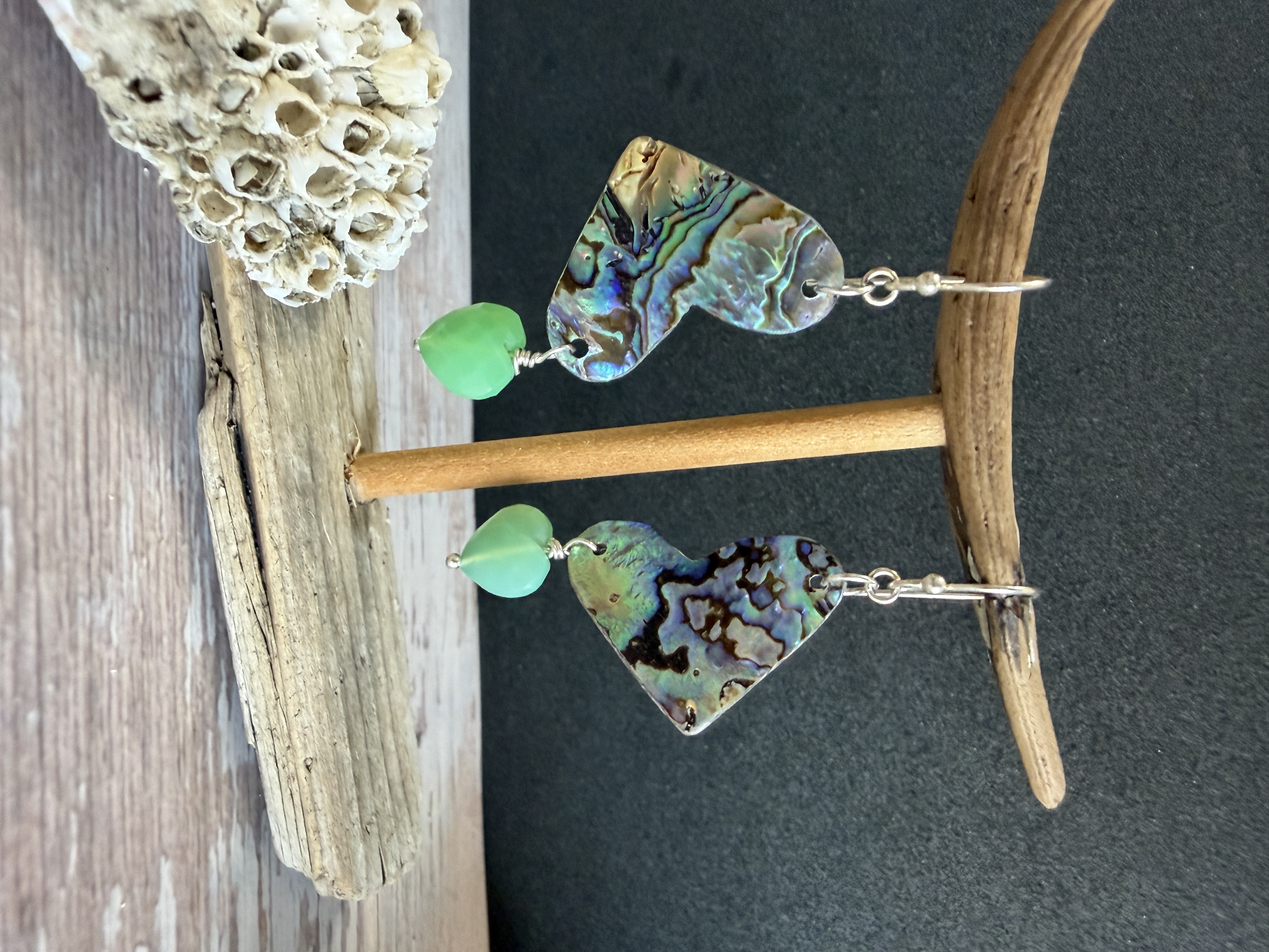 Abalone Heart Earrings with Chrysoprase  — image 1