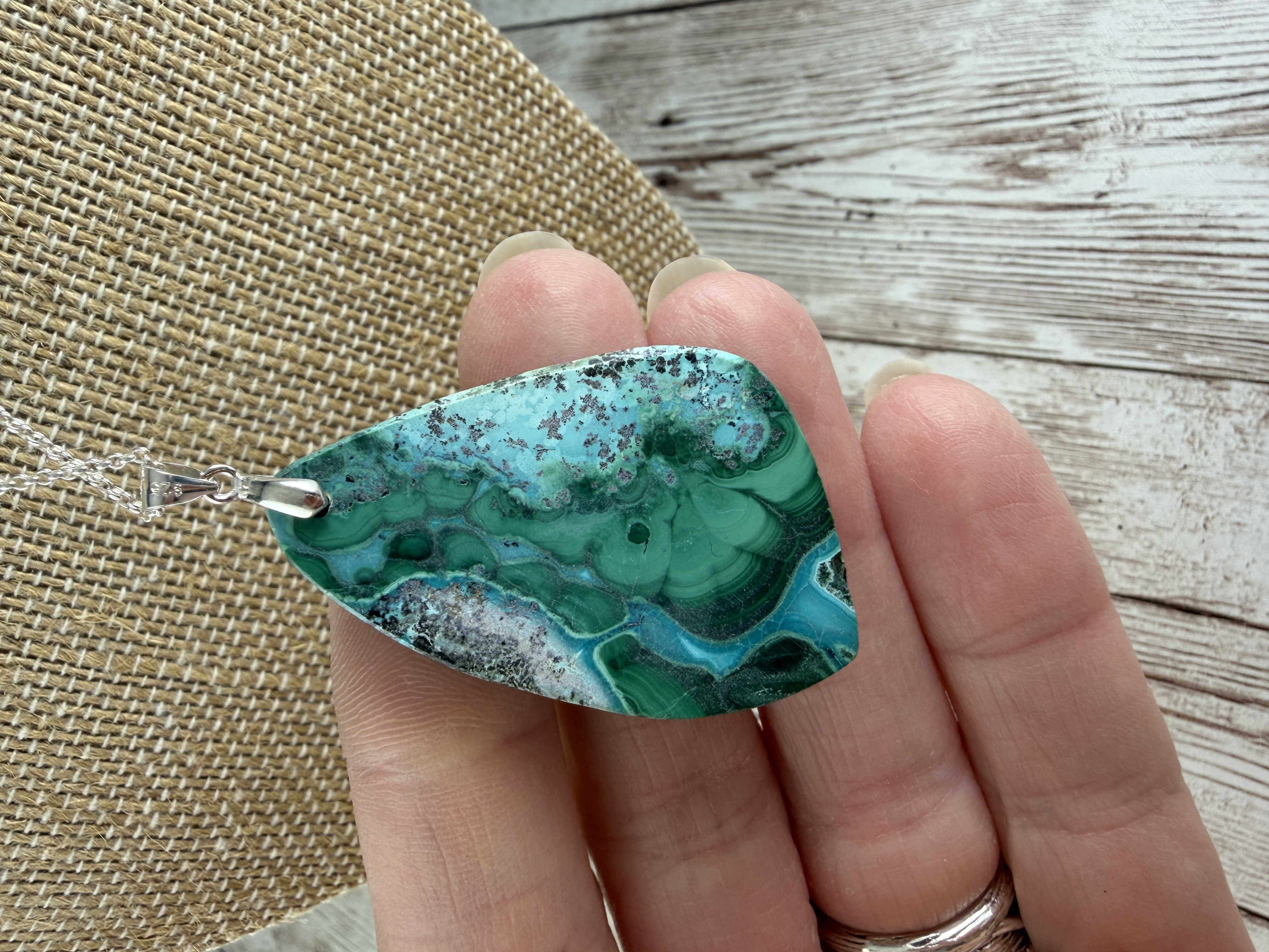 Chrysocolla Malachite Sterling Silver Pendant Necklace, Handmade thumbnail 5