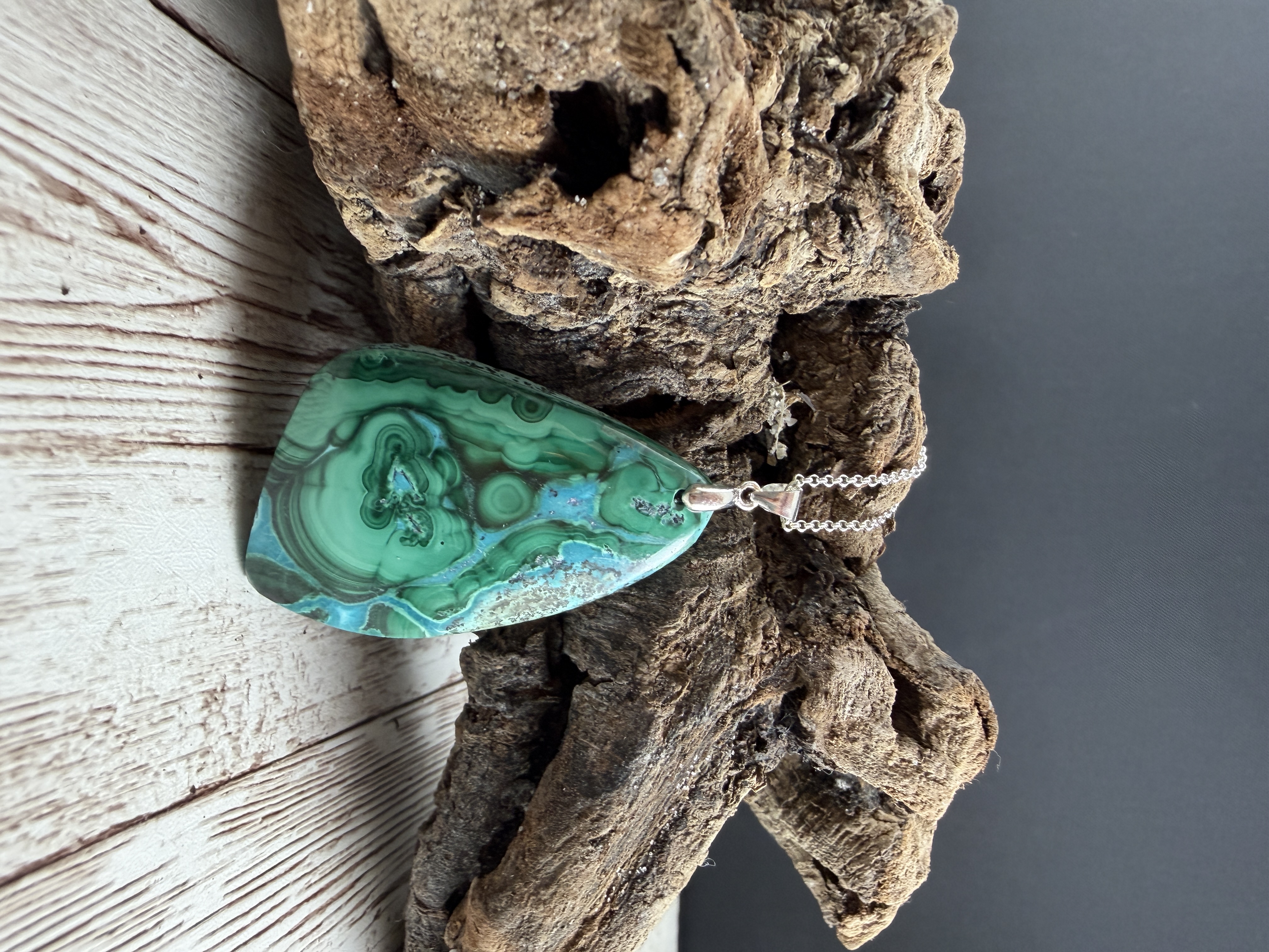 Chrysocolla Malachite Sterling Silver Pendant Necklace, Handmade