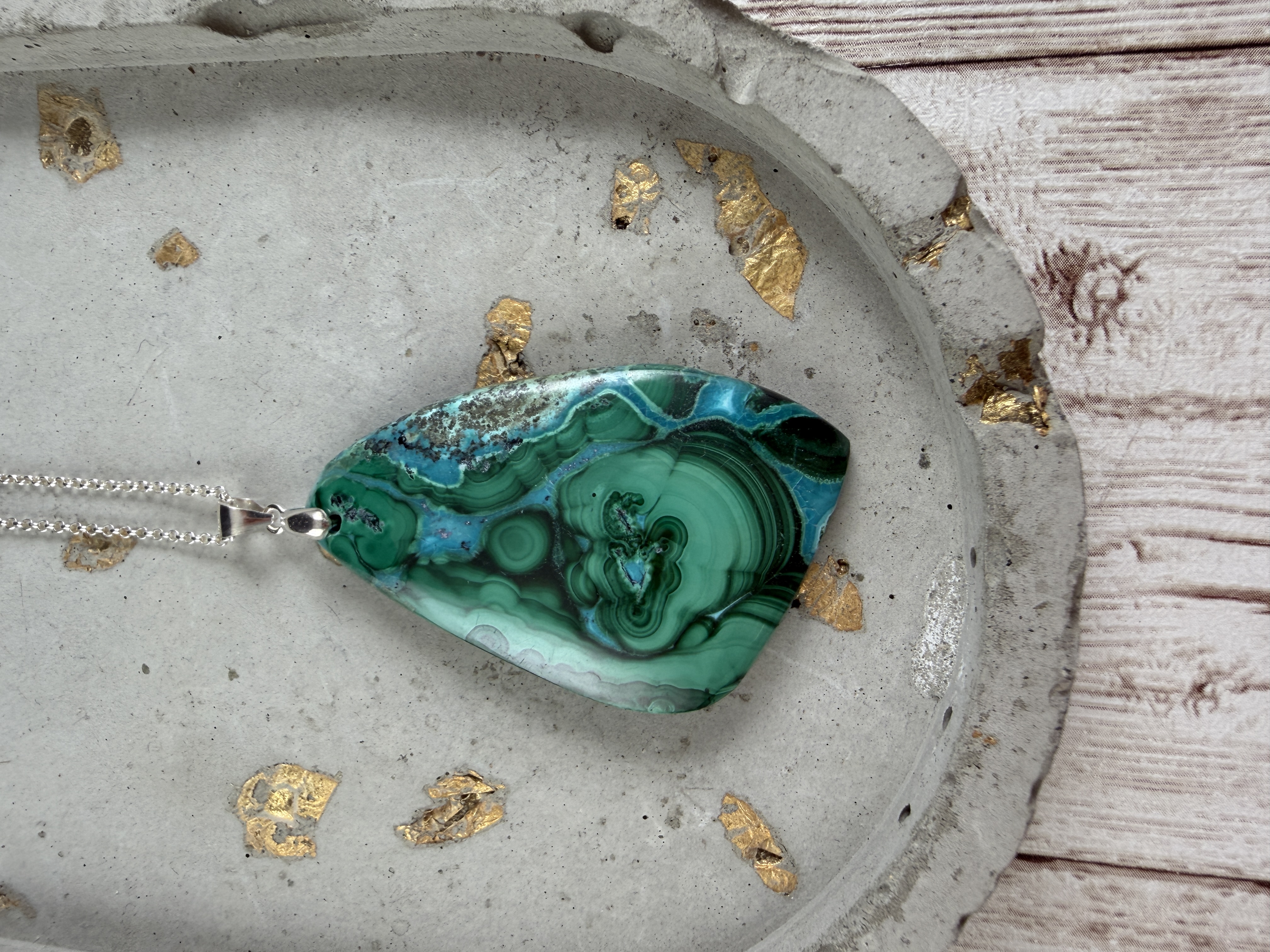 Chrysocolla Malachite Sterling Silver Pendant Necklace, Handmade thumbnail 7