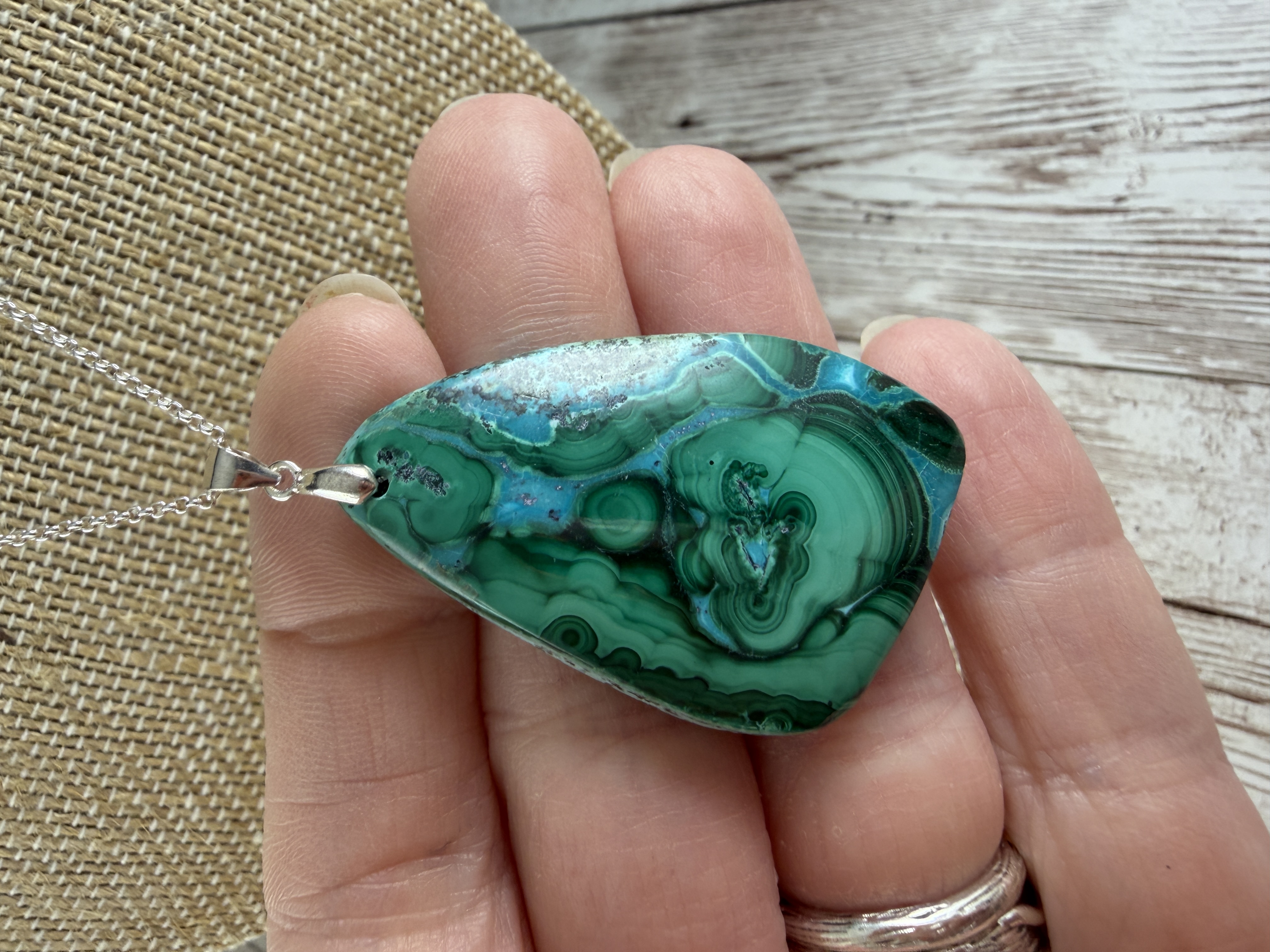 Chrysocolla Malachite Sterling Silver Pendant Necklace, Handmade thumbnail 4